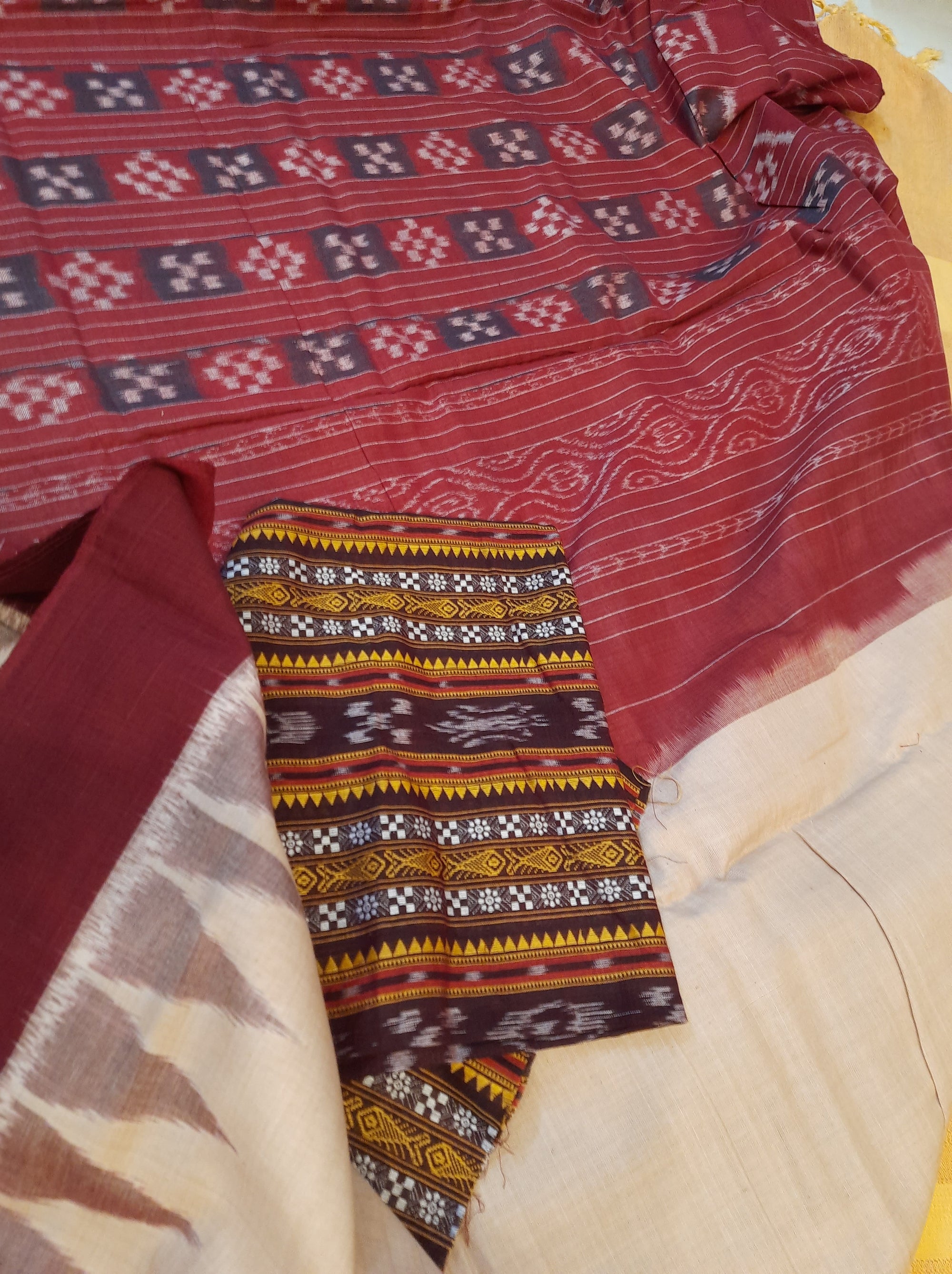 Beige with Maroon Cotton Odisha Ikat saree with mix match cotton ikat blouse piece