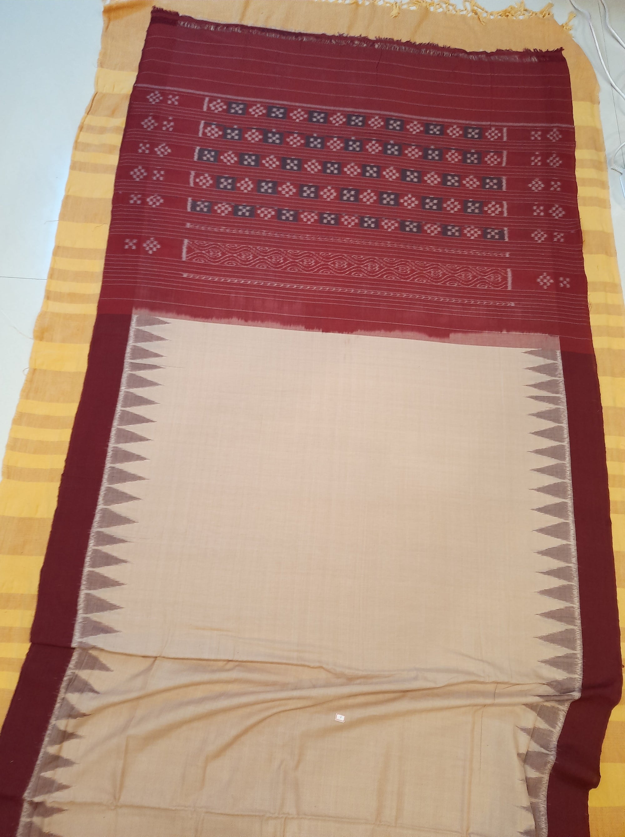 Beige with Maroon Cotton Odisha Ikat saree with mix match cotton ikat blouse piece