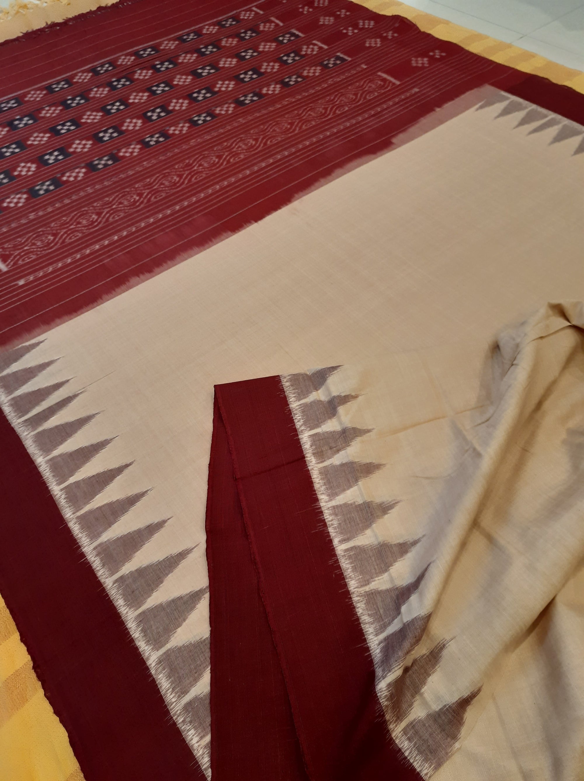 Beige with Maroon Cotton Odisha Ikat saree with mix match cotton ikat blouse piece
