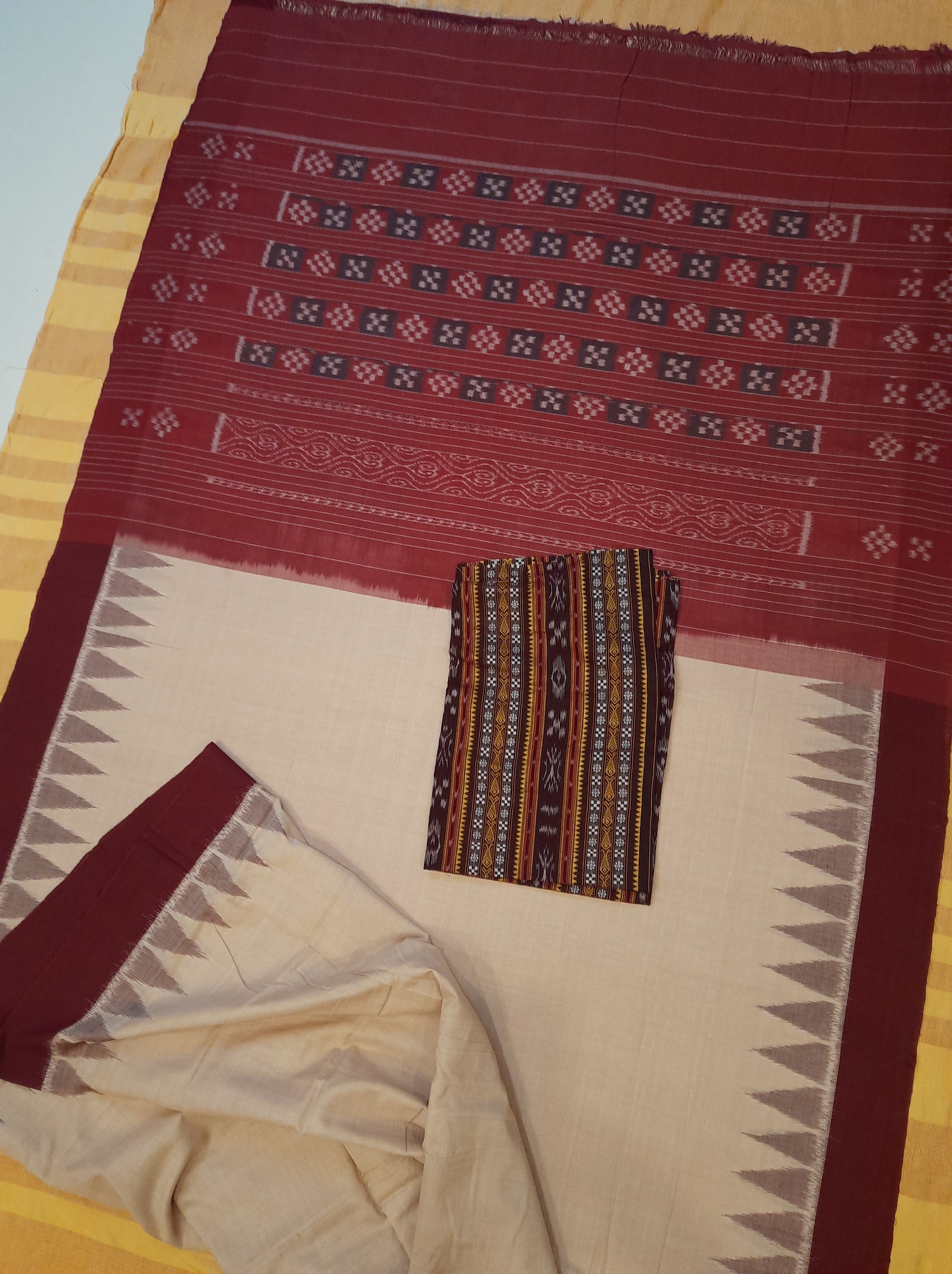 Beige with Maroon Cotton Odisha Ikat saree with mix match cotton ikat blouse piece