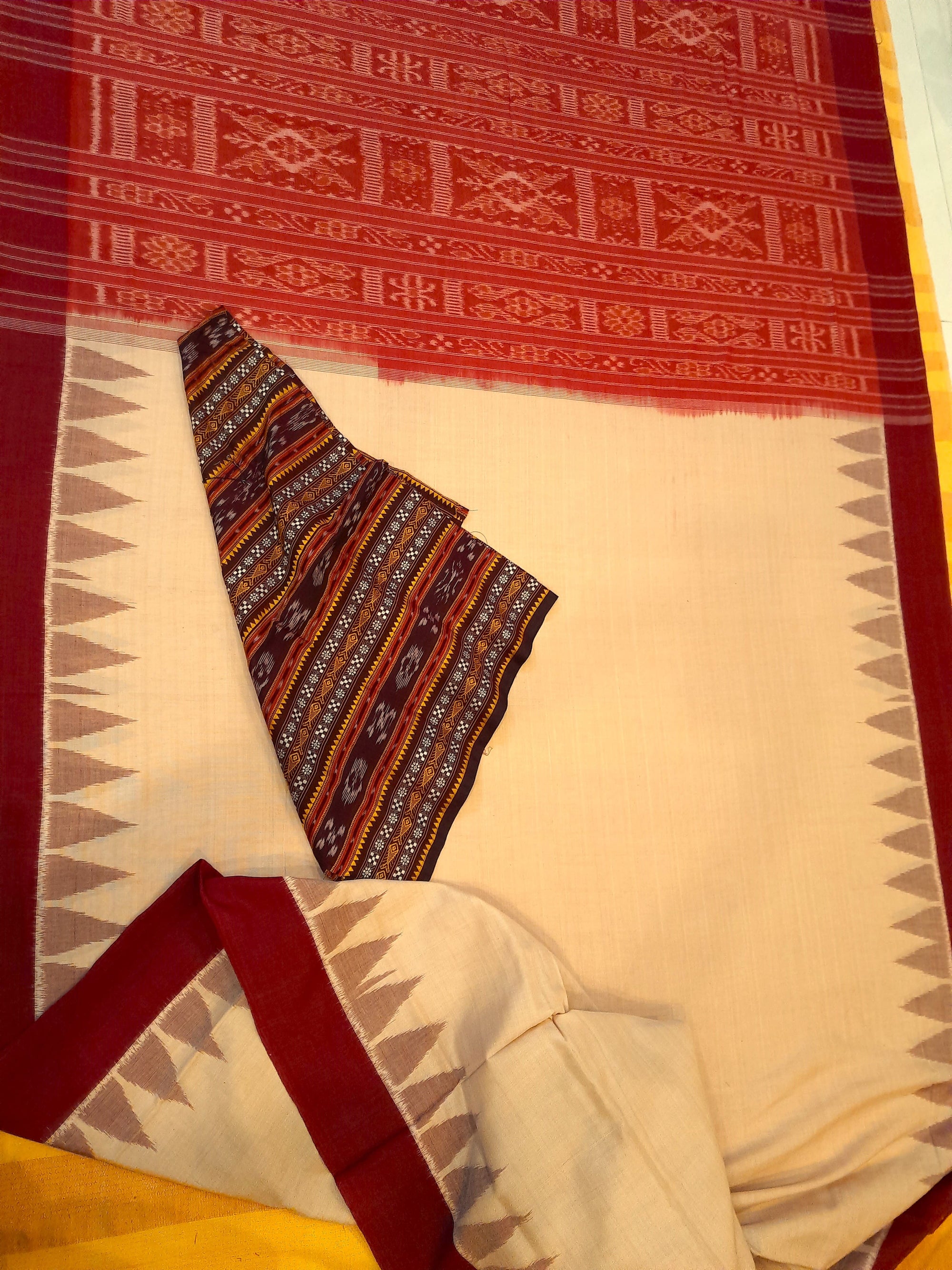 Beige with Maroon Cotton Odisha Ikat saree with mix match cotton ikat blouse piece