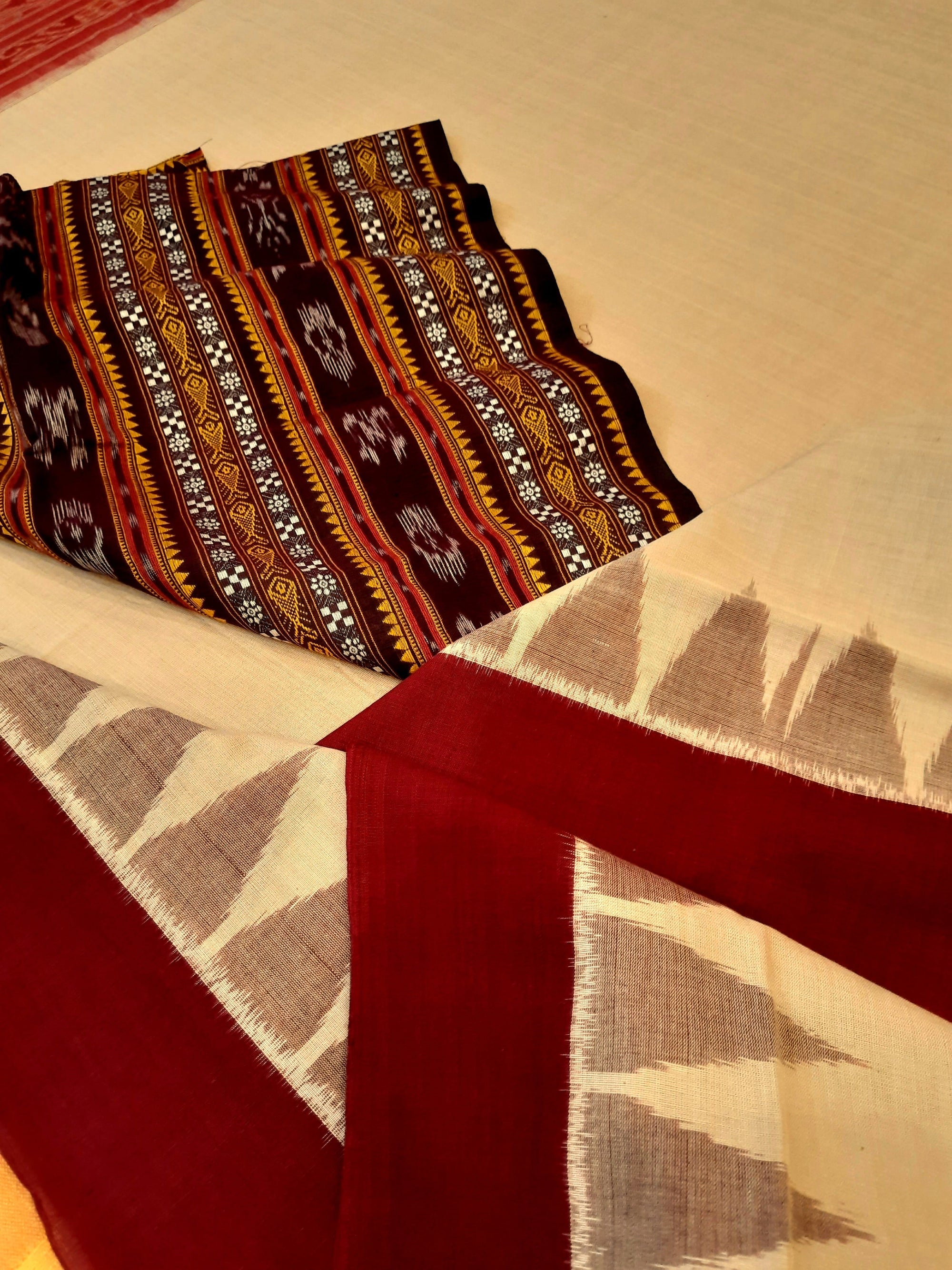 Beige with Maroon Cotton Odisha Ikat saree with mix match cotton ikat blouse piece