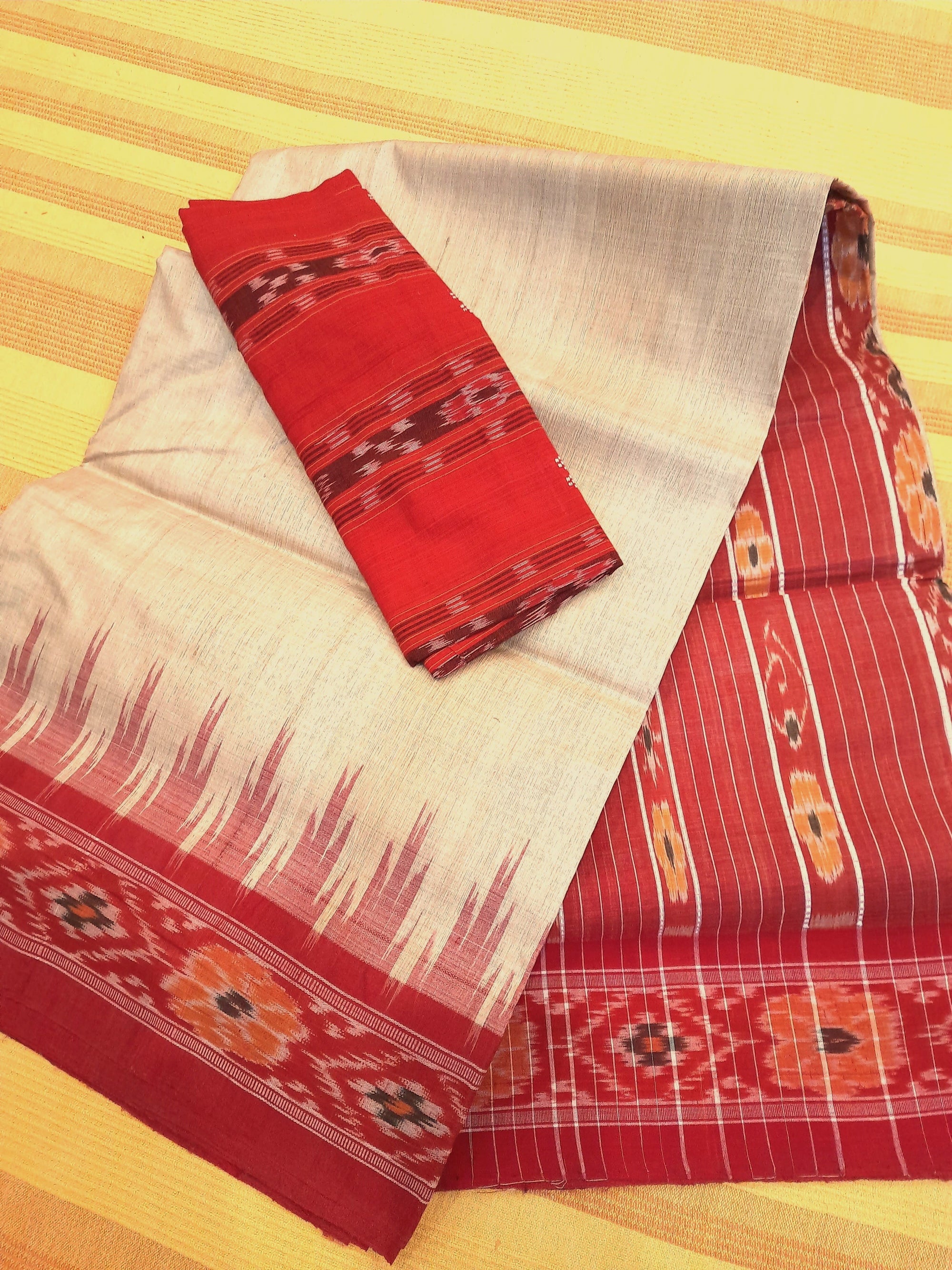 Beige with Red Tussar Silk Odisha Ikat Saree with cotton ikat blouse piece