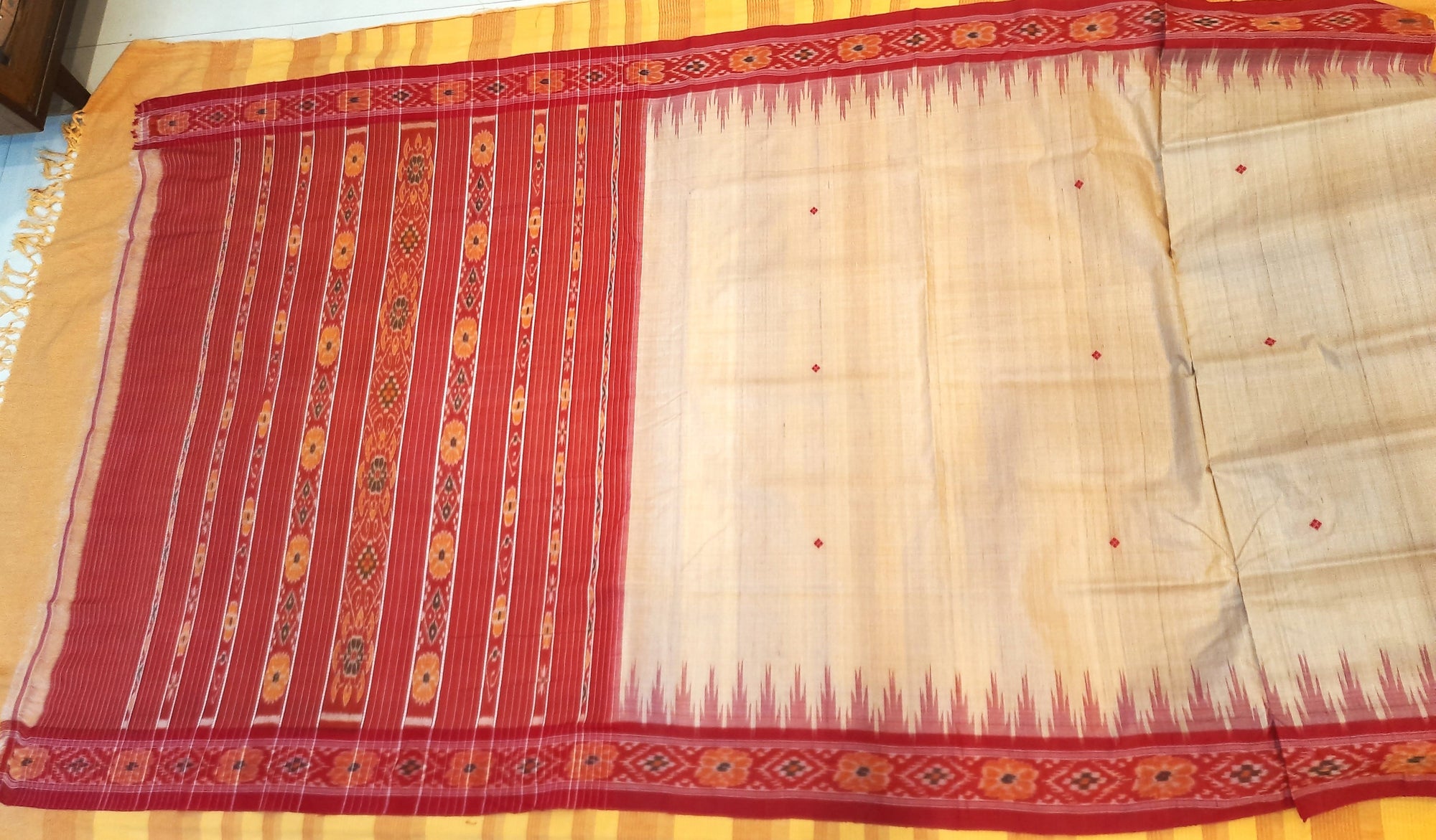 Beige with Red Tussar Silk Odisha Ikat Saree with cotton ikat blouse piece