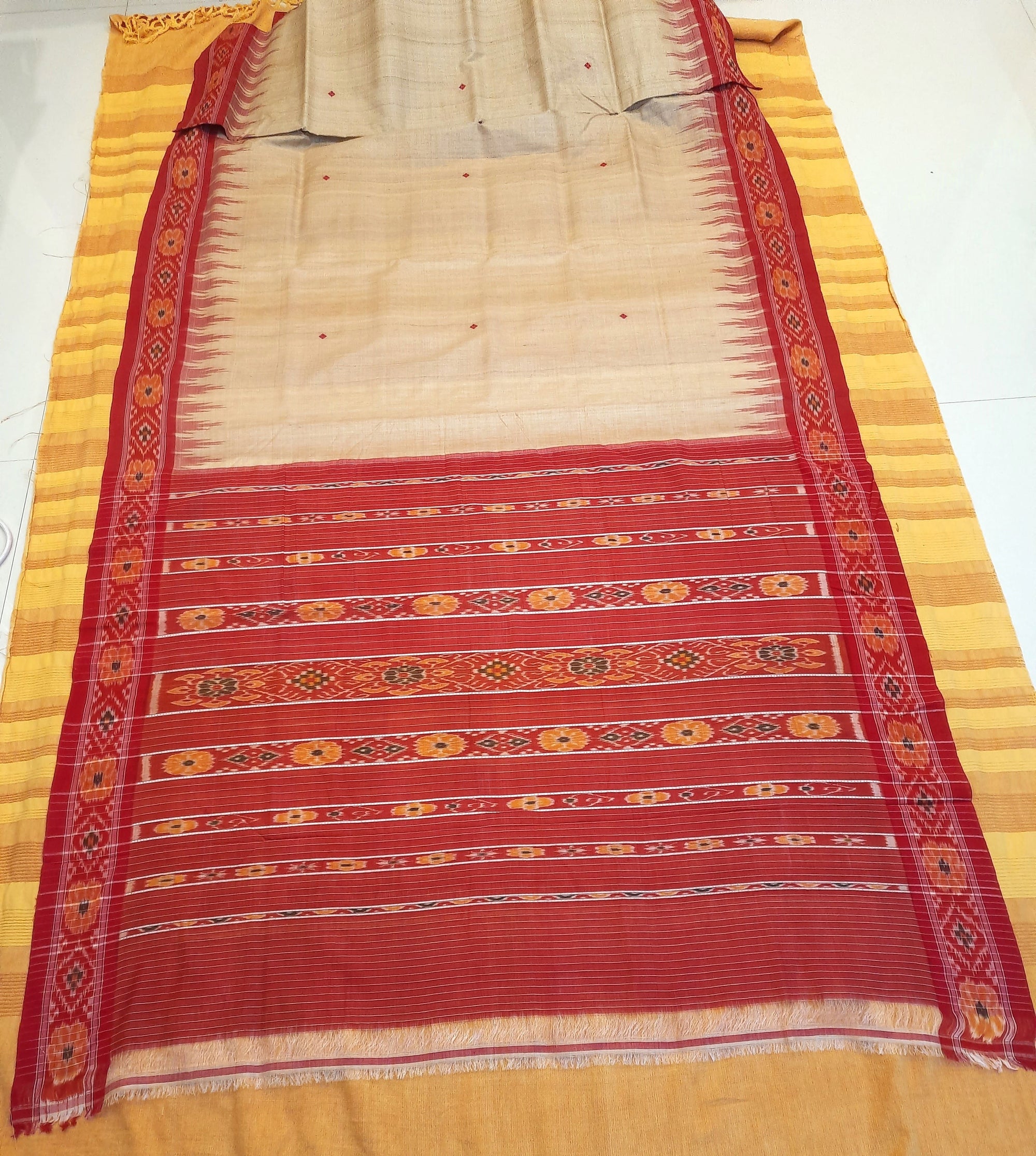 Beige with Red Tussar Silk Odisha Ikat Saree with cotton ikat blouse piece