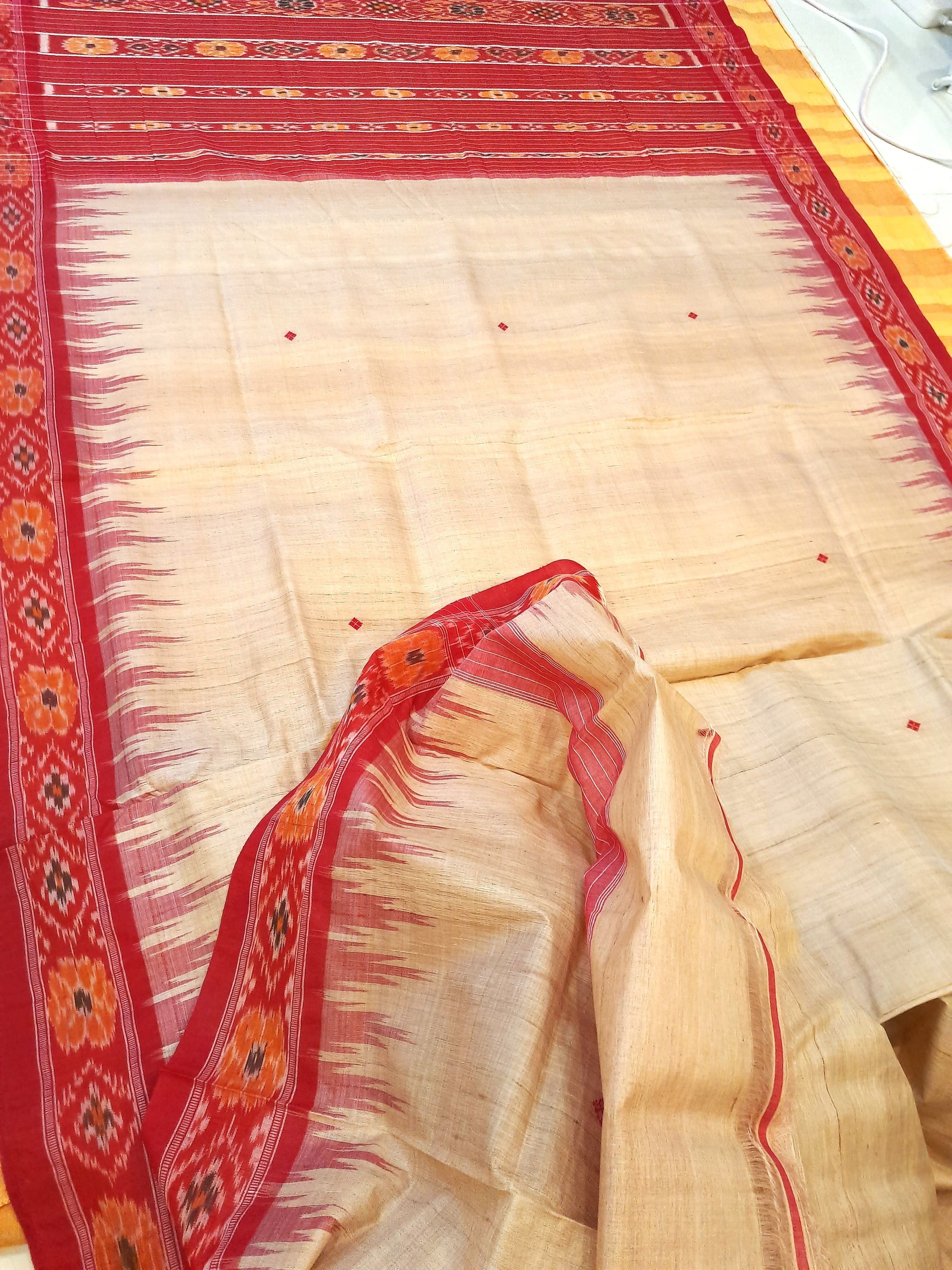 Beige with Red Tussar Silk Odisha Ikat Saree with cotton ikat blouse piece