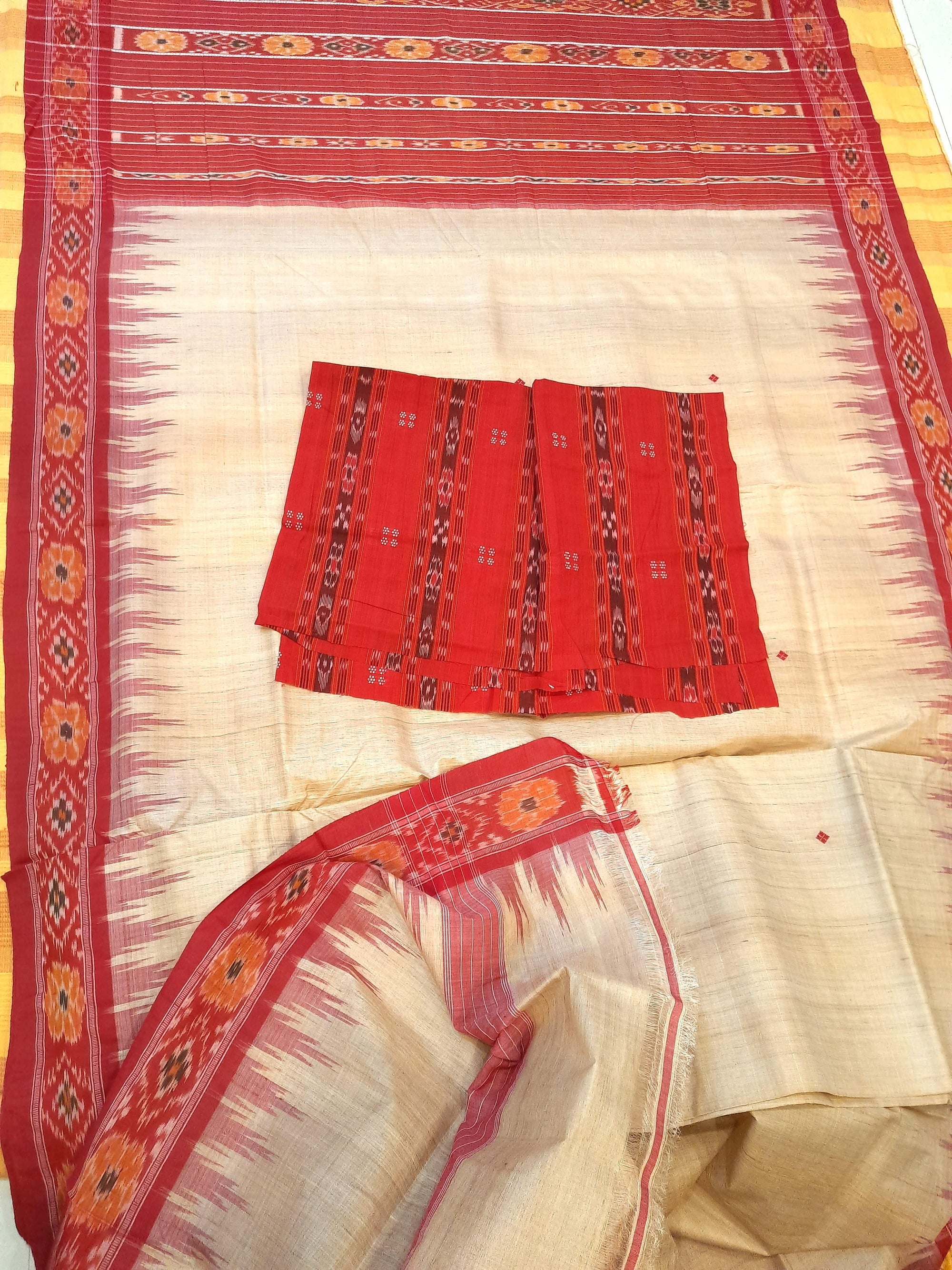 Beige with Red Tussar Silk Odisha Ikat Saree with cotton ikat blouse piece