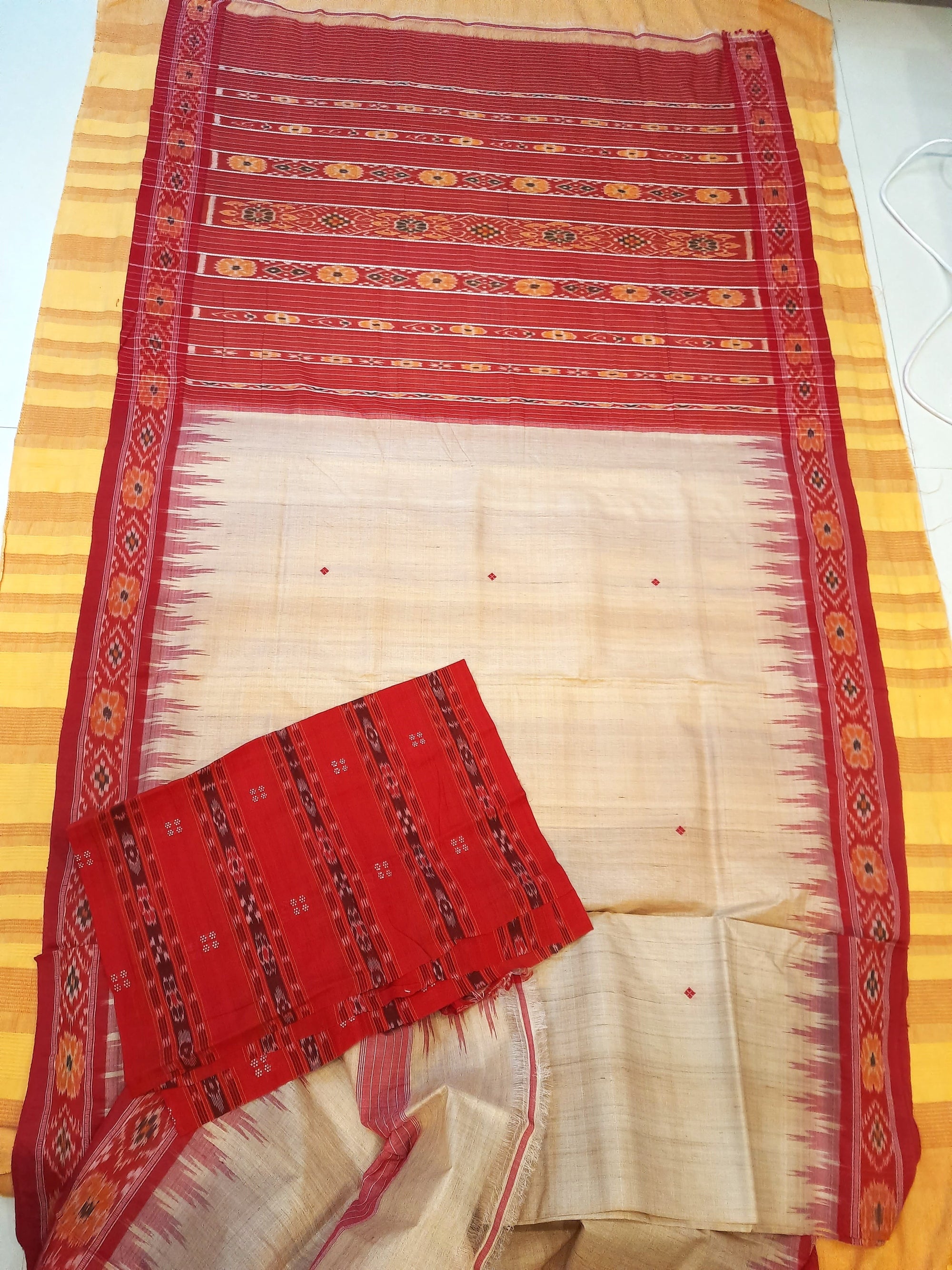 Beige with Red Tussar Silk Odisha Ikat Saree with cotton ikat blouse piece
