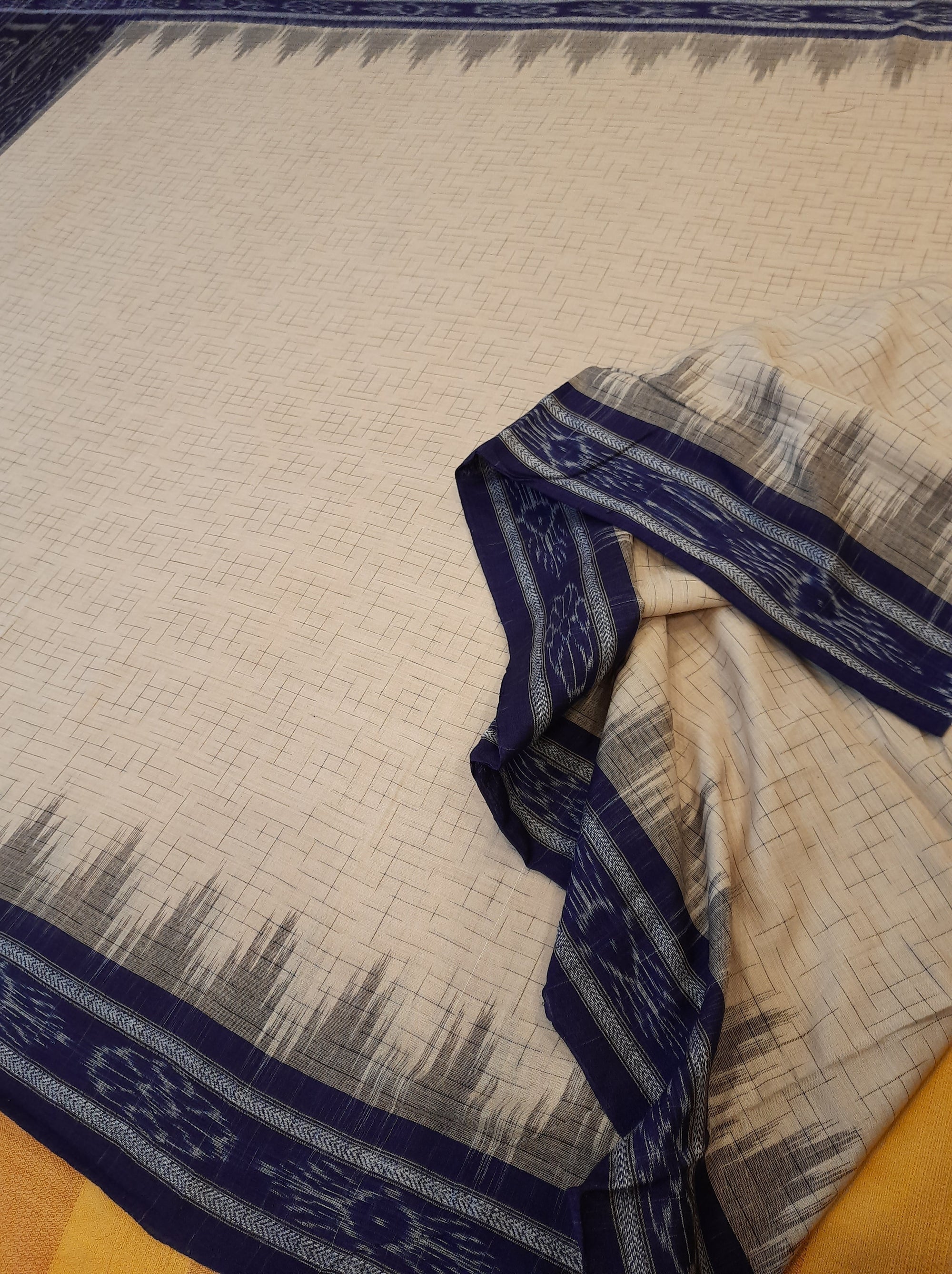 Beige Cotton Odisha Ikat saree with mix match Sambalpuri cotton ikat blouse