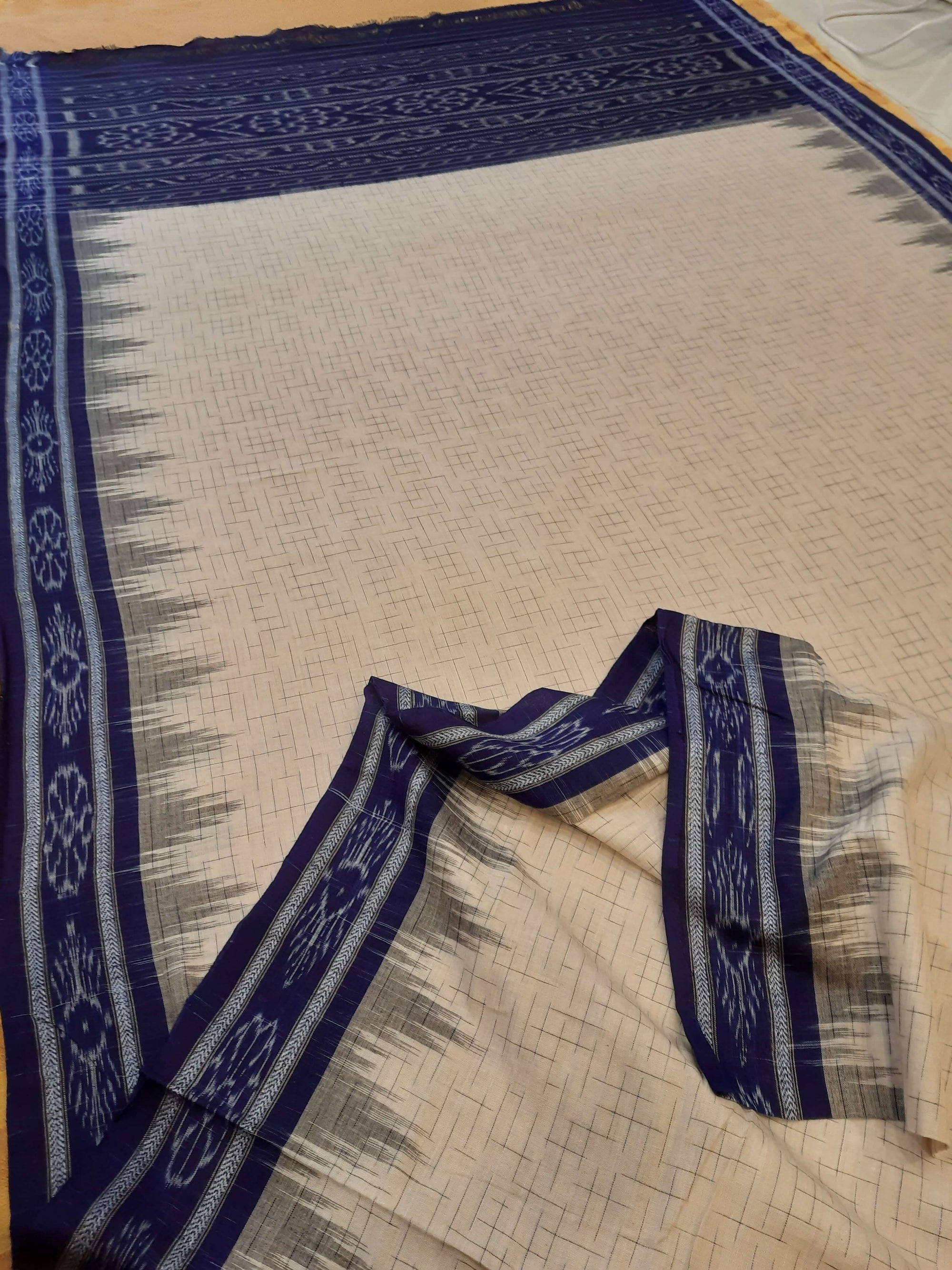 Beige Cotton Odisha Ikat saree with mix match Sambalpuri cotton ikat blouse