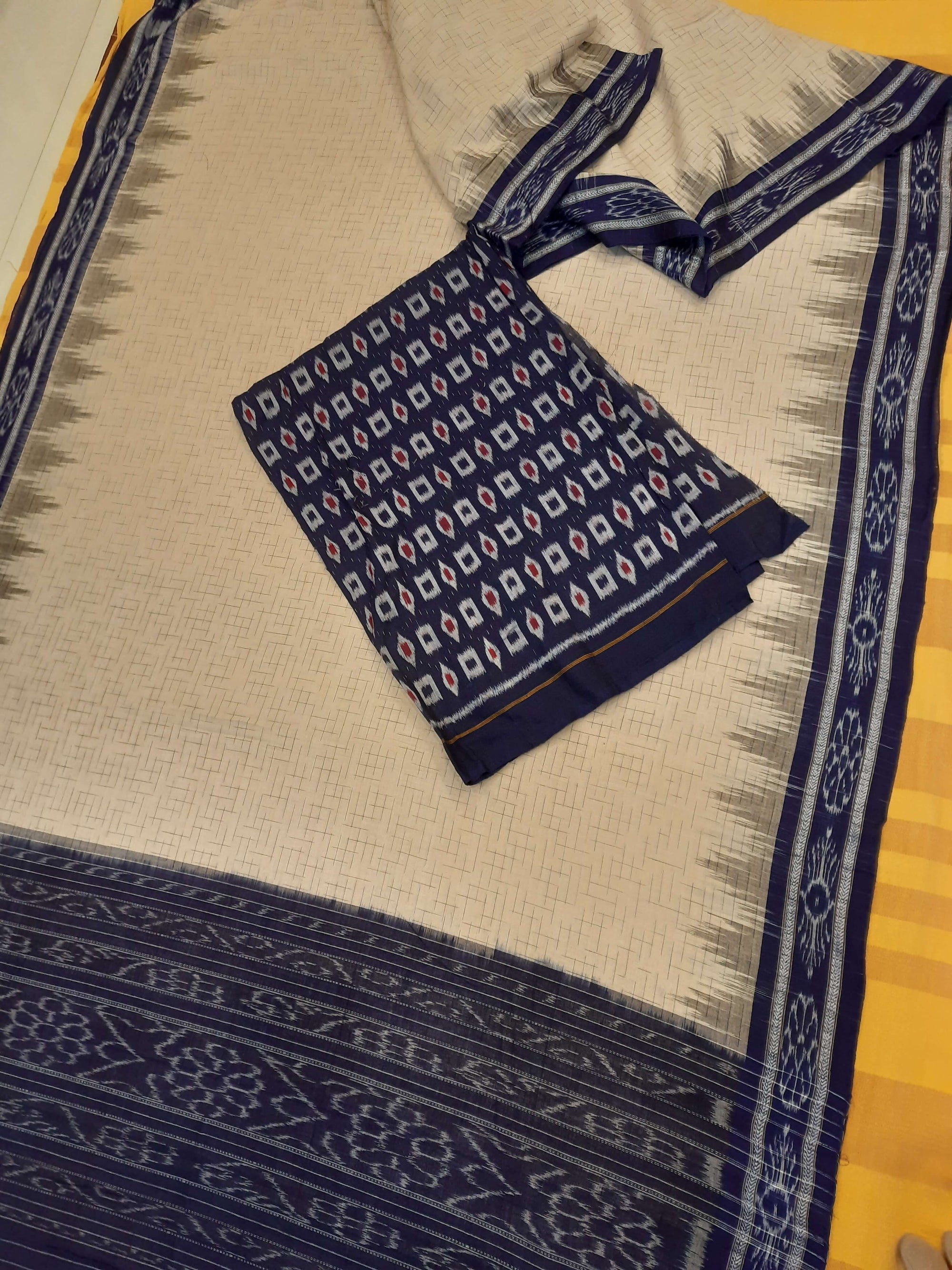 Beige Cotton Odisha Ikat saree with mix match Sambalpuri cotton ikat blouse
