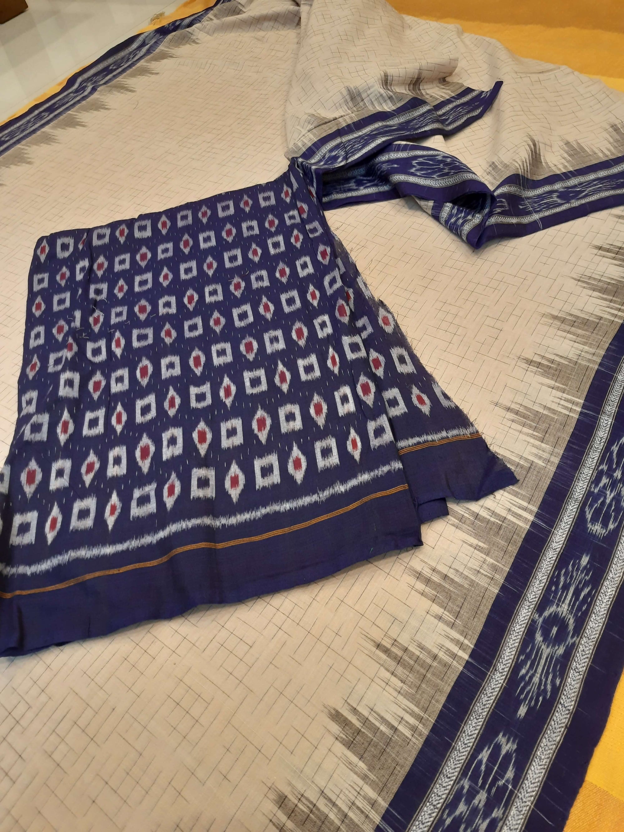 Beige Cotton Odisha Ikat saree with mix match Sambalpuri cotton ikat blouse