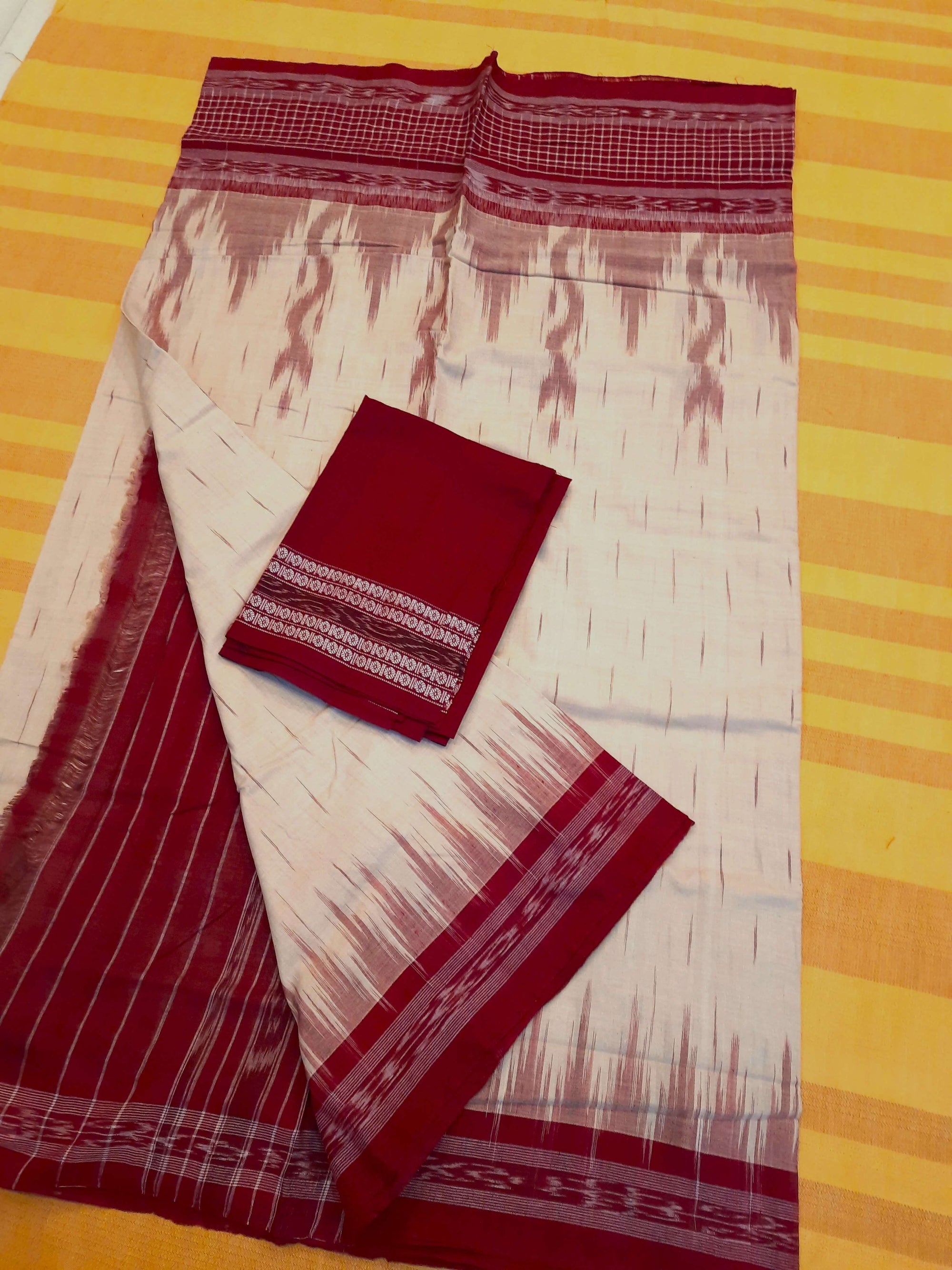 Beige with Maroon wide border Cotton Odisha Ikat saree with mix match cotton ikat blouse