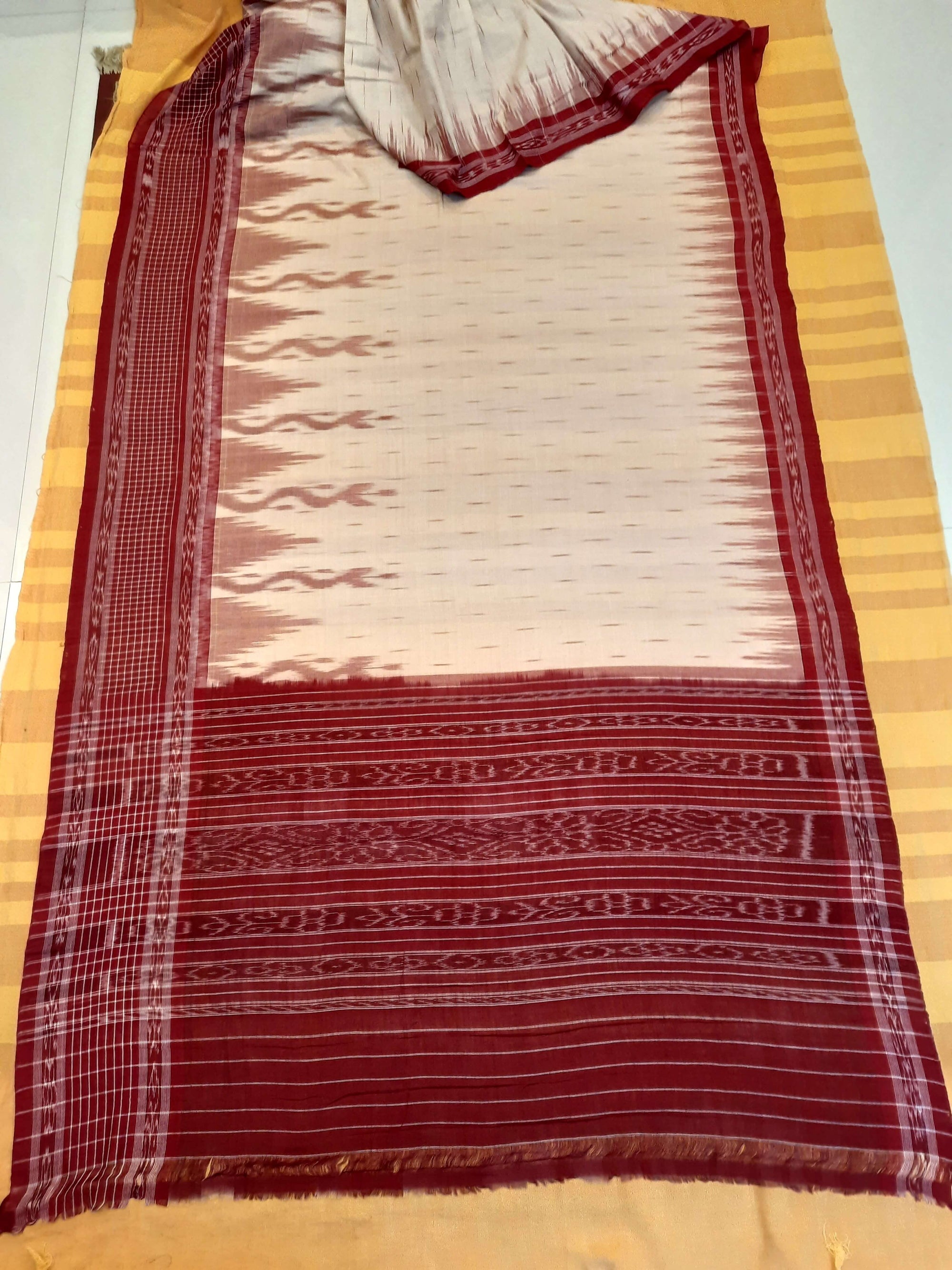 Beige with Maroon wide border Cotton Odisha Ikat saree with mix match cotton ikat blouse