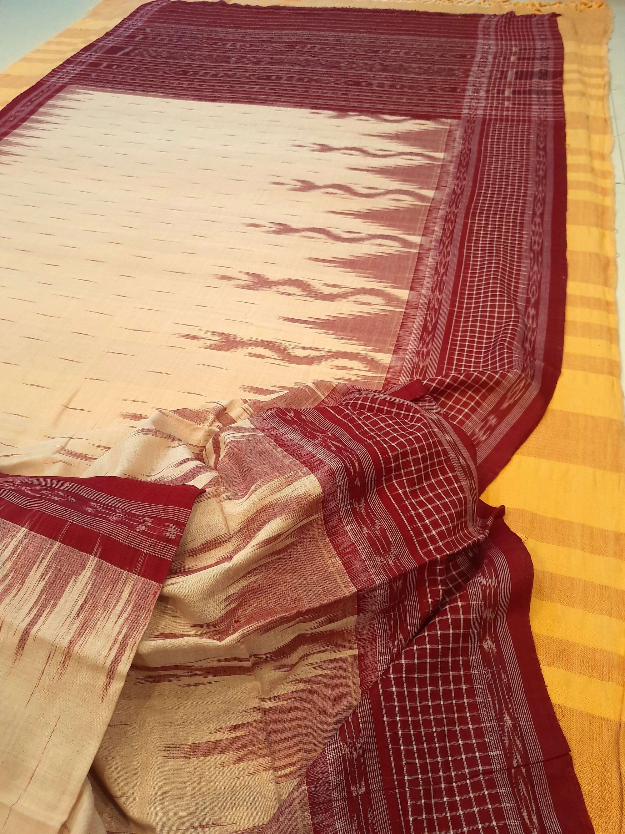 Beige with Maroon wide border Cotton Odisha Ikat saree with mix match cotton ikat blouse