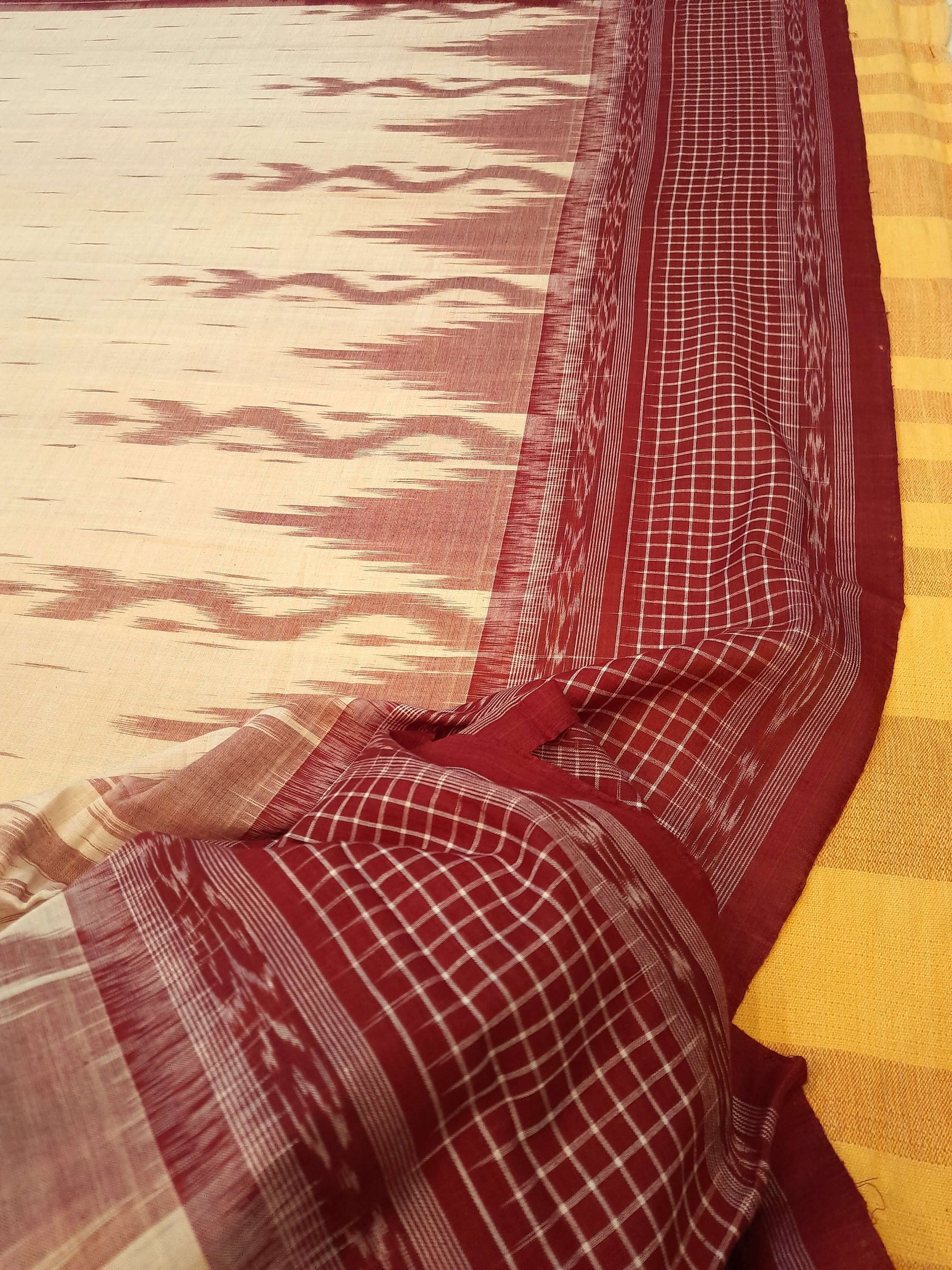 Beige with Maroon wide border Cotton Odisha Ikat saree with mix match cotton ikat blouse