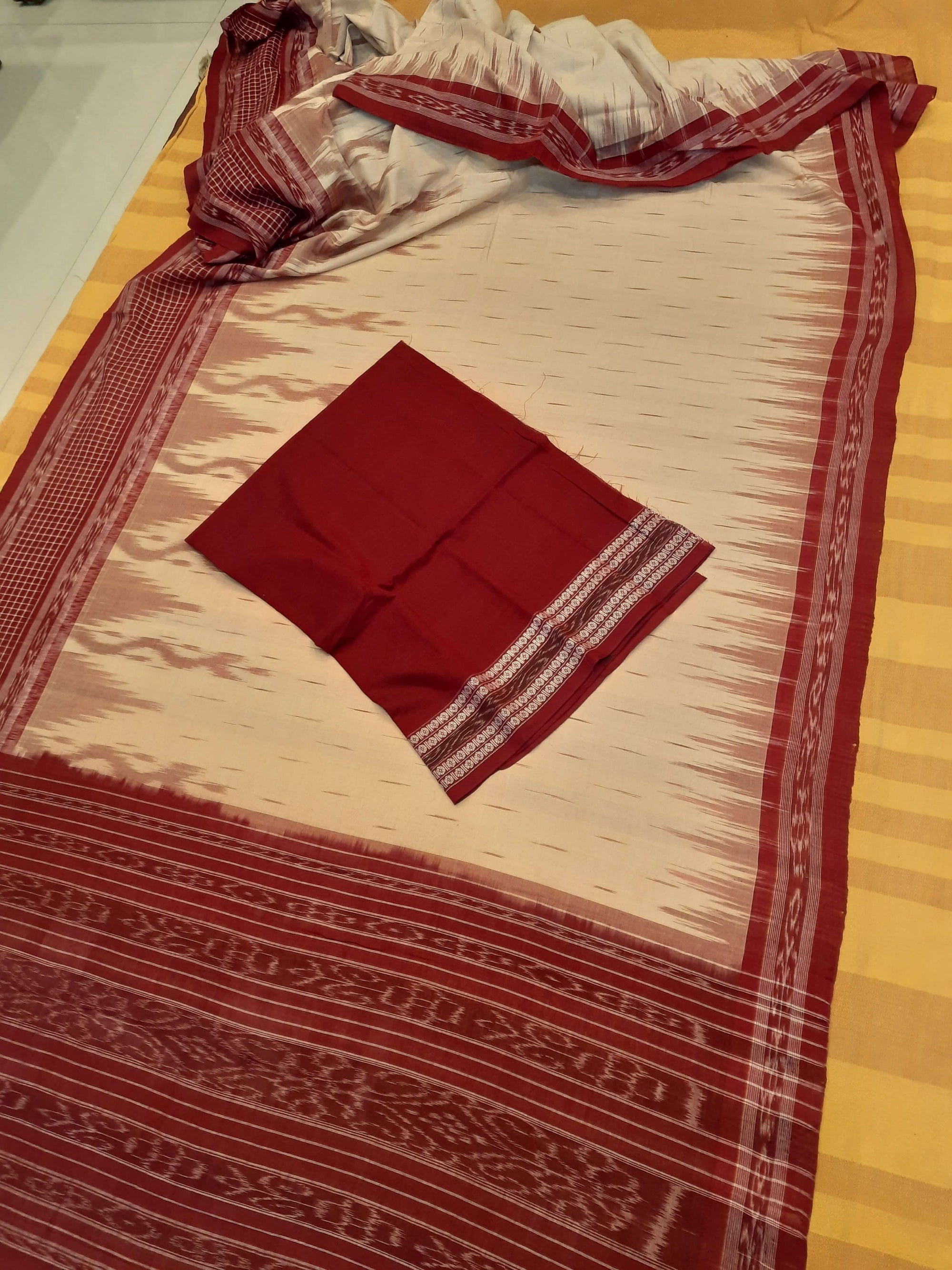 Beige with Maroon wide border Cotton Odisha Ikat saree with mix match cotton ikat blouse