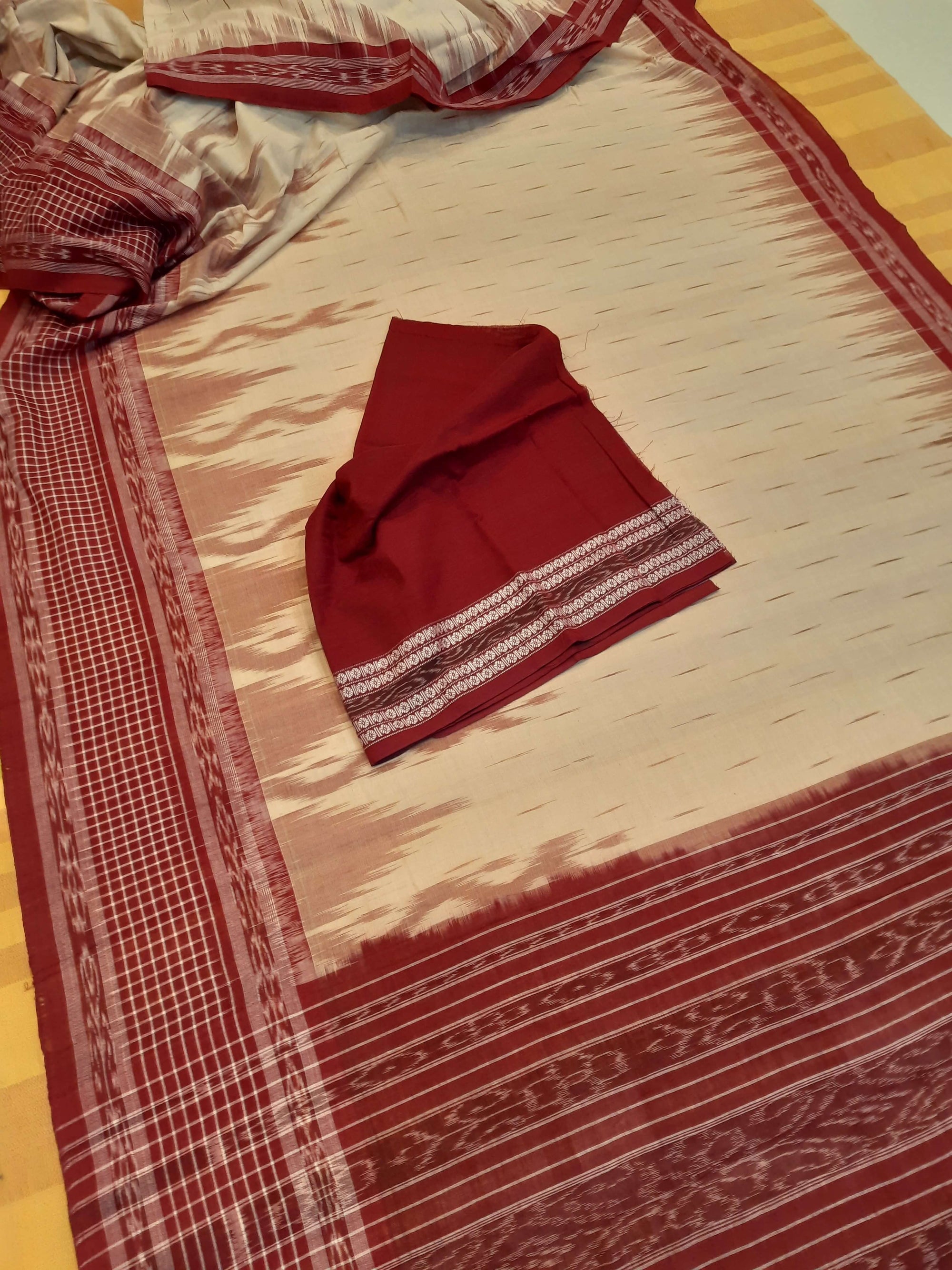 Beige with Maroon wide border Cotton Odisha Ikat saree with mix match cotton ikat blouse