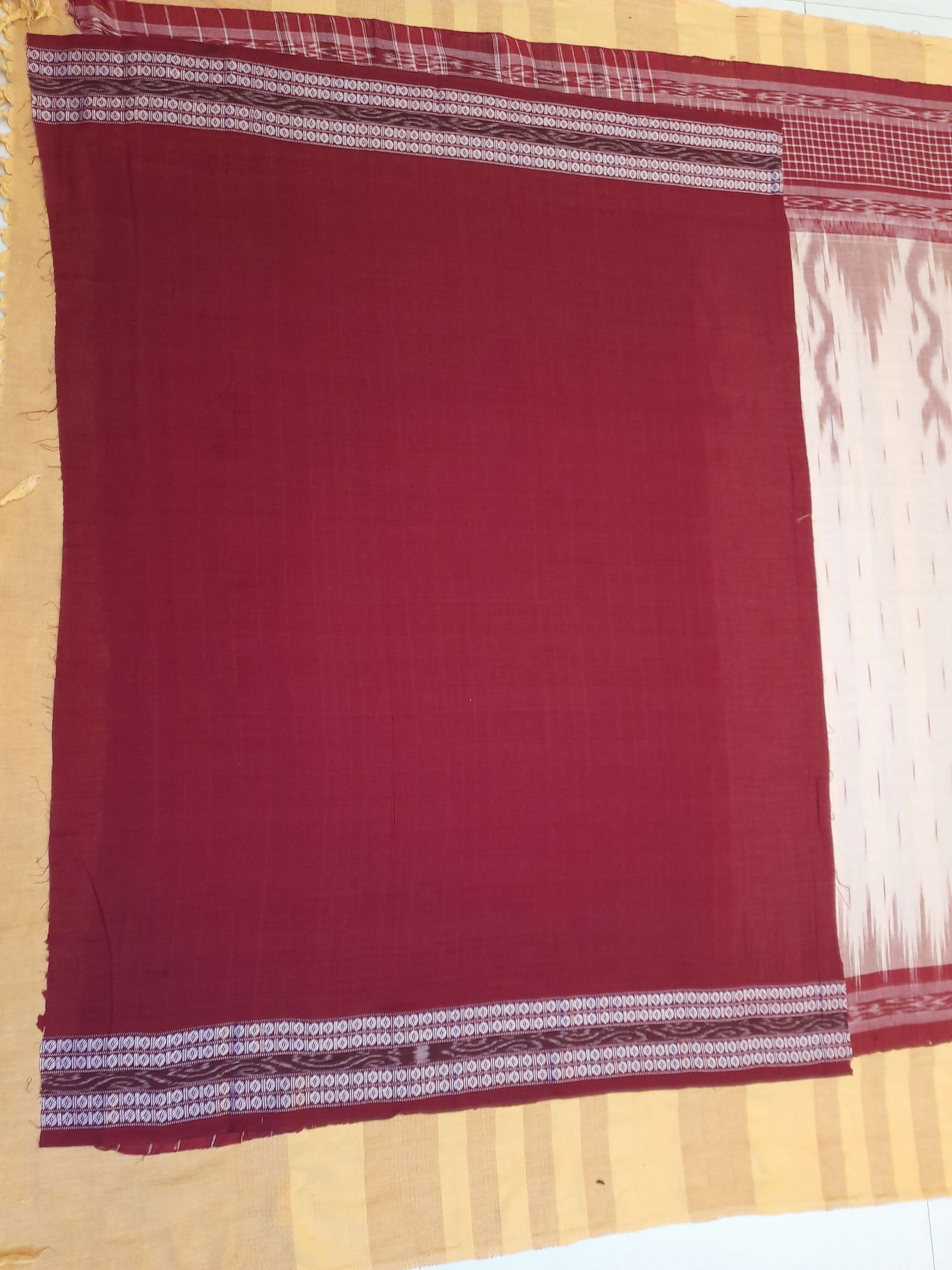 Beige with Maroon wide border Cotton Odisha Ikat saree with mix match cotton ikat blouse
