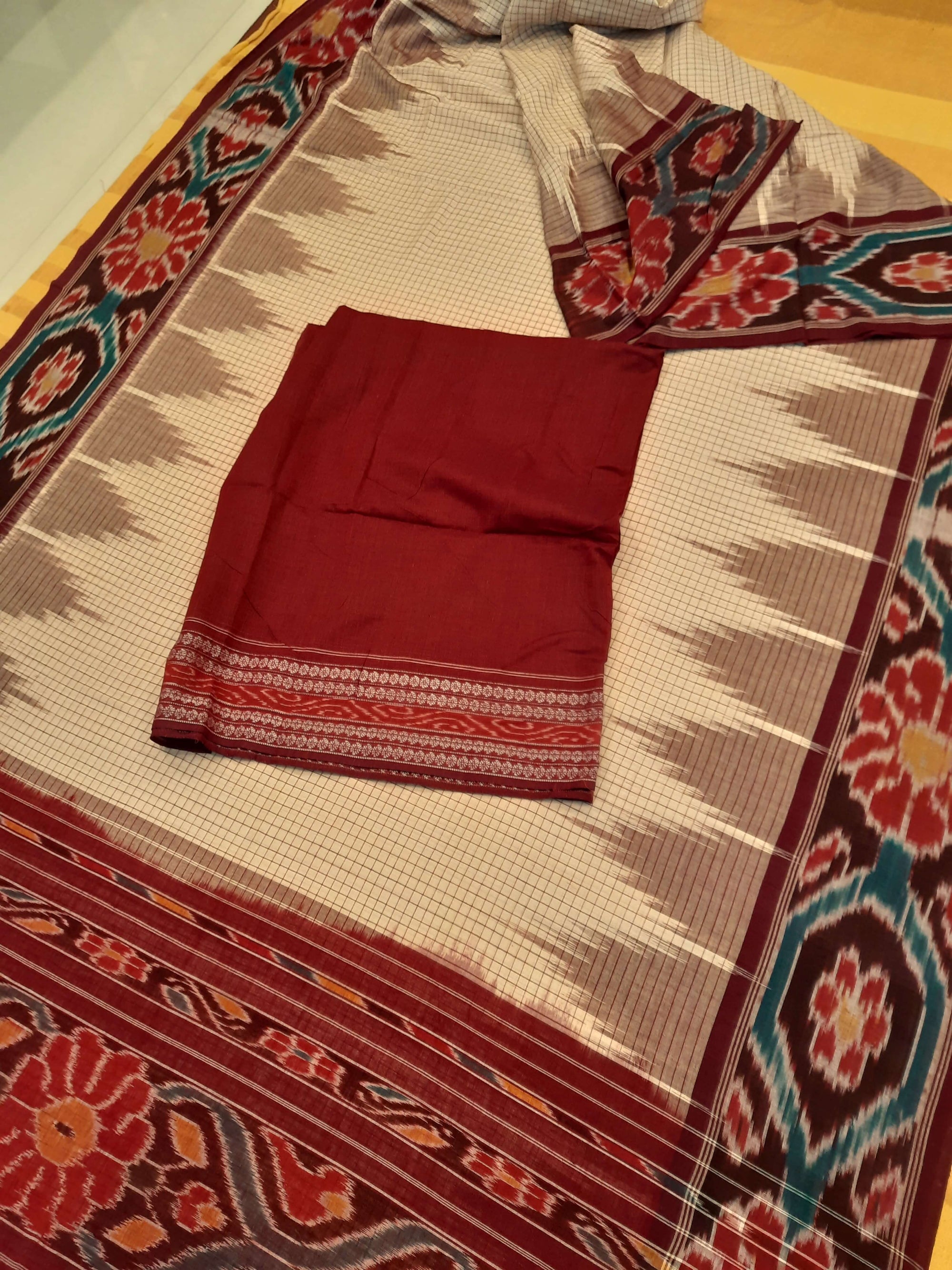 Beige checked body Cotton Odisha Ikat saree with mix match cotton ikat blouse