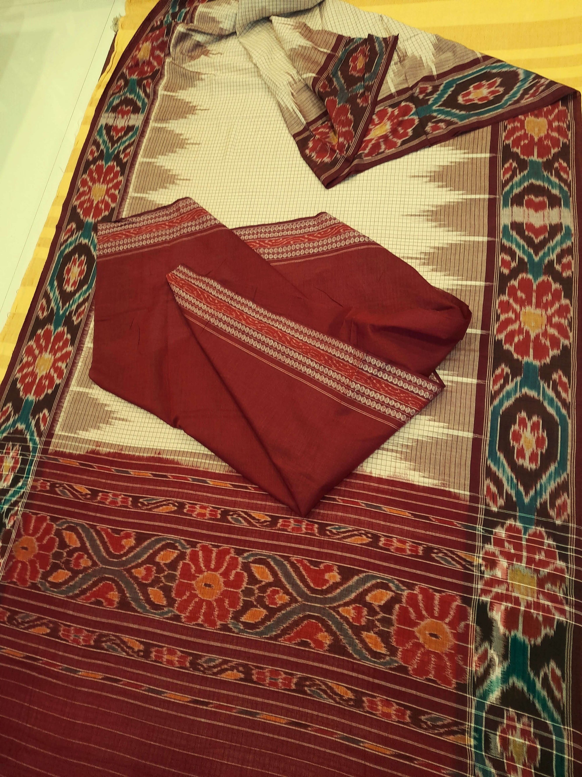 Beige checked body Cotton Odisha Ikat saree with mix match cotton ikat blouse