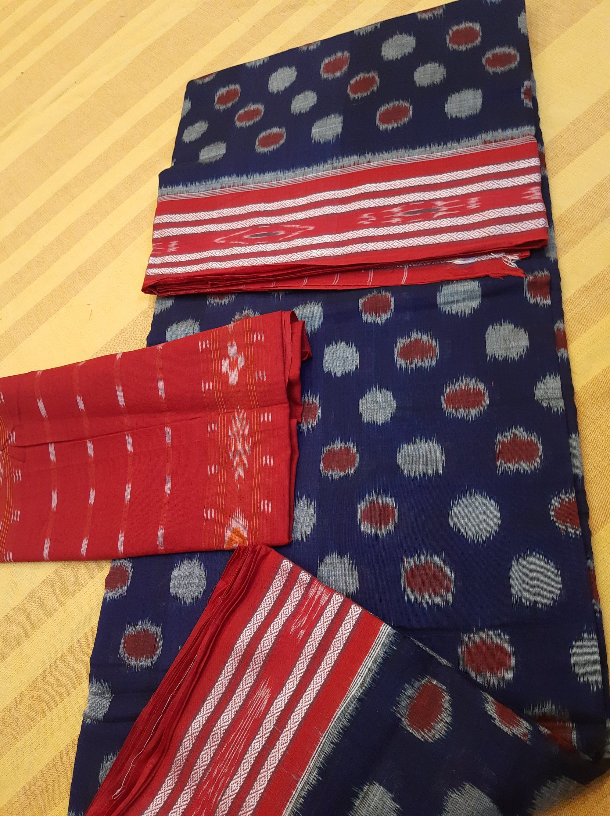 Blue Polka dots Cotton Odisha Ikat saree with mix match cotton ikat blouse piece