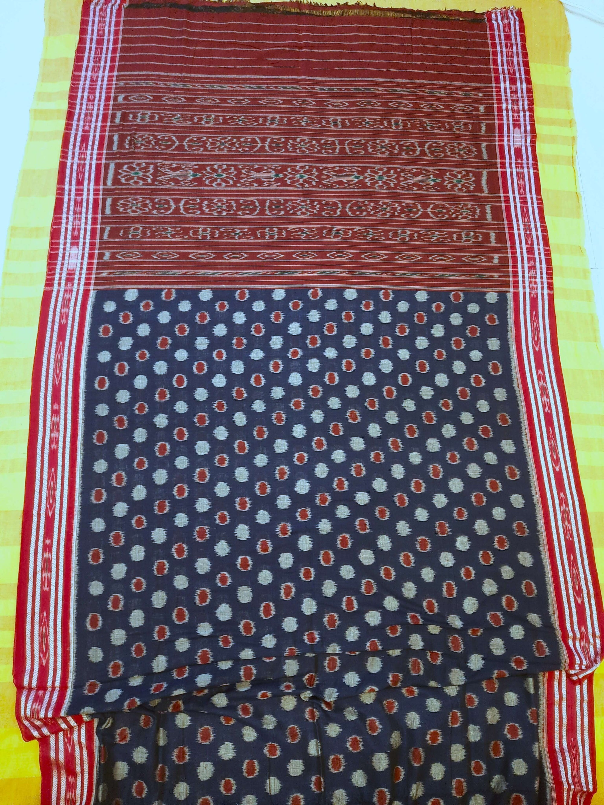 Blue Polka dots Cotton Odisha Ikat saree with mix match cotton ikat blouse piece