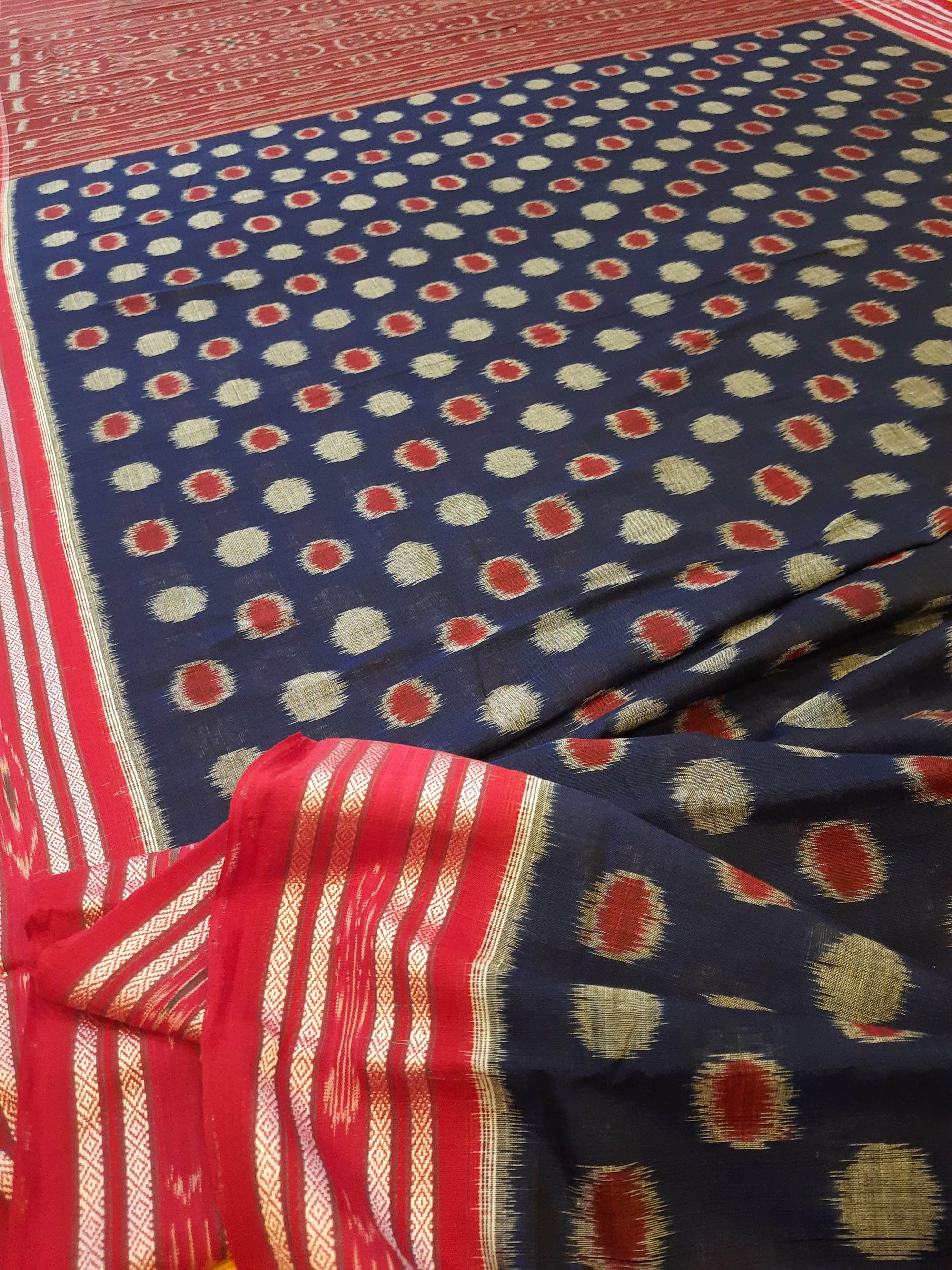 Blue Polka dots Cotton Odisha Ikat saree with mix match cotton ikat blouse piece
