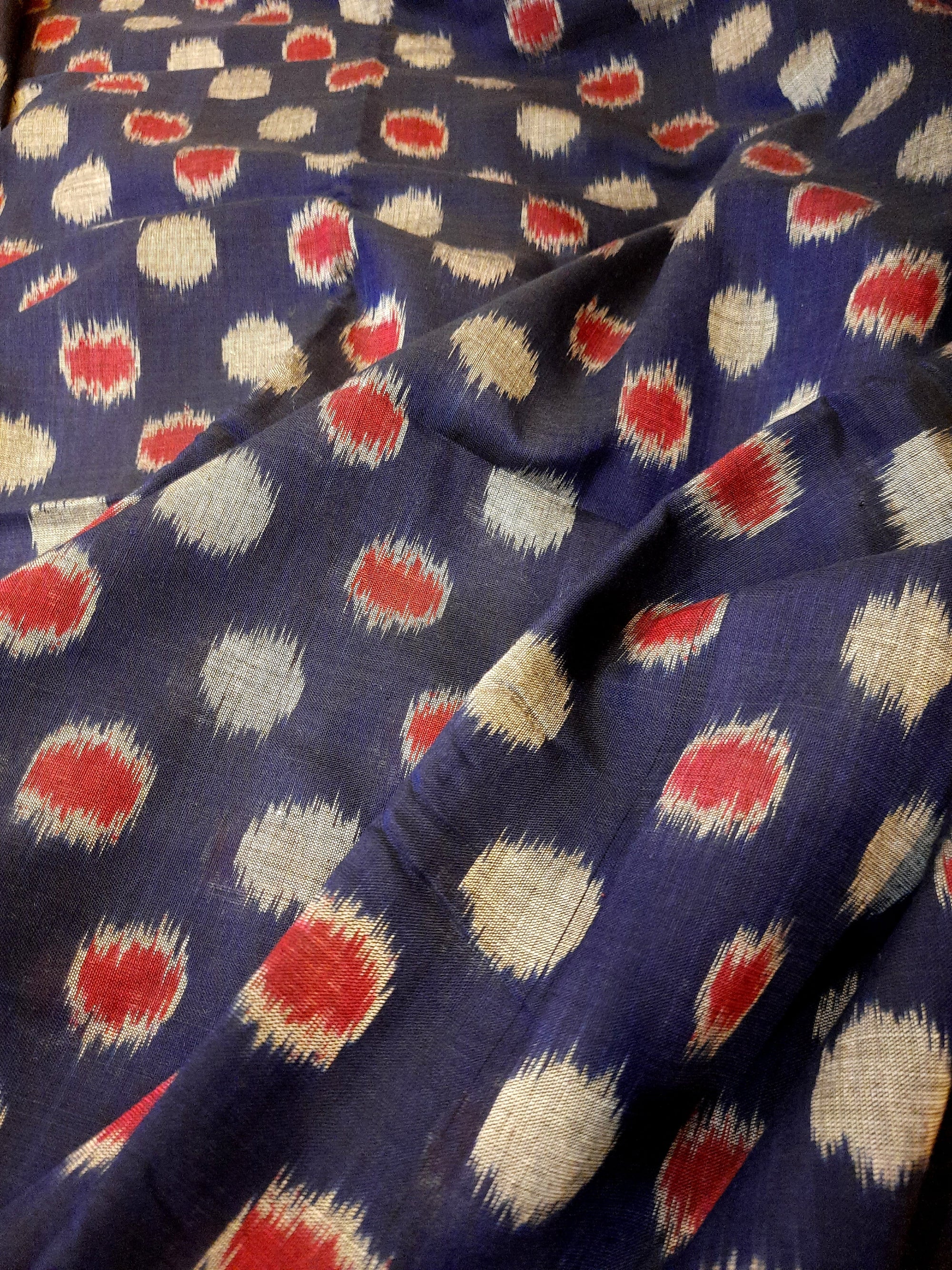 Blue Polka dots Cotton Odisha Ikat saree with mix match cotton ikat blouse piece