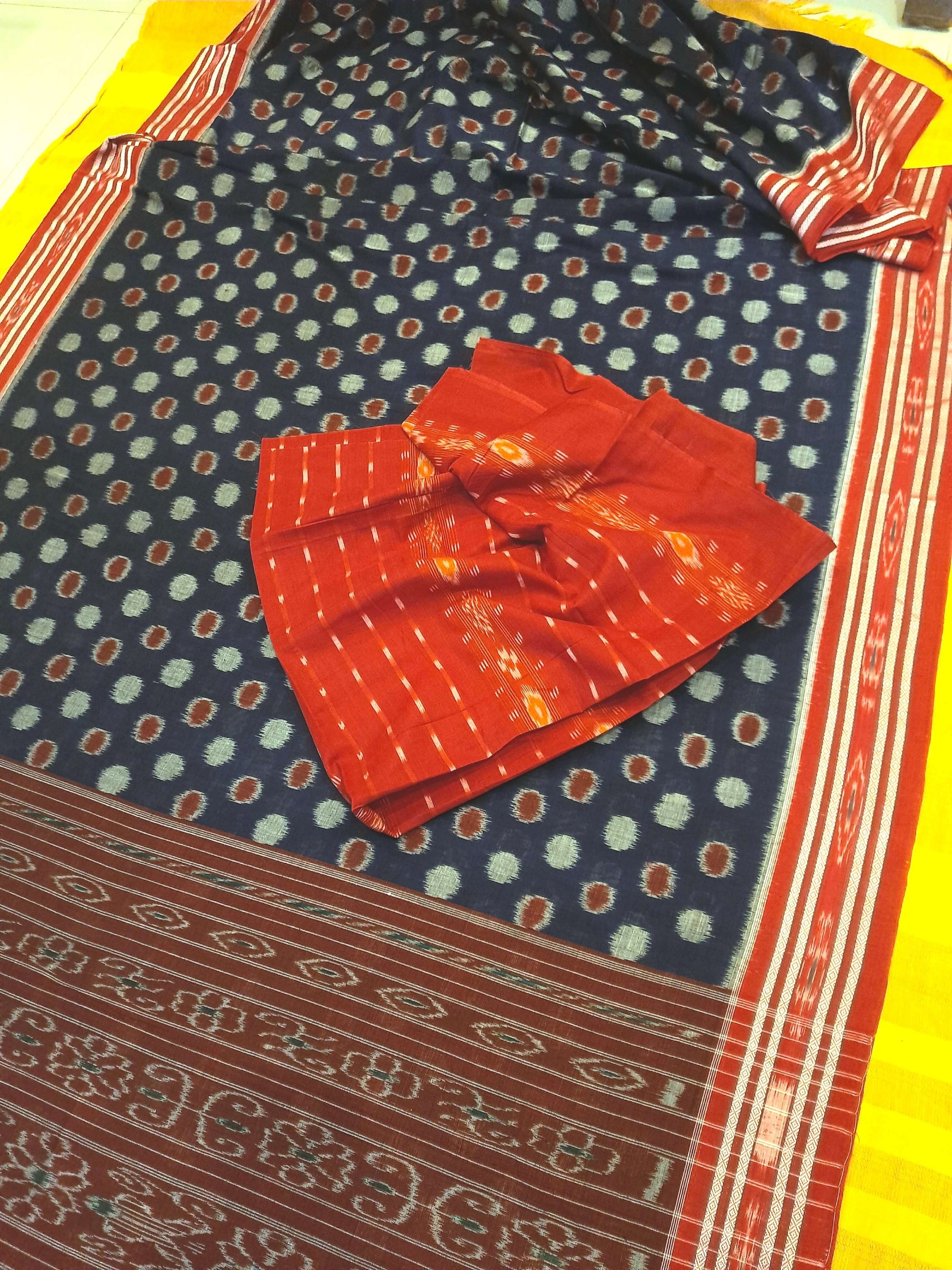 Blue Polka dots Cotton Odisha Ikat saree with mix match cotton ikat blouse piece