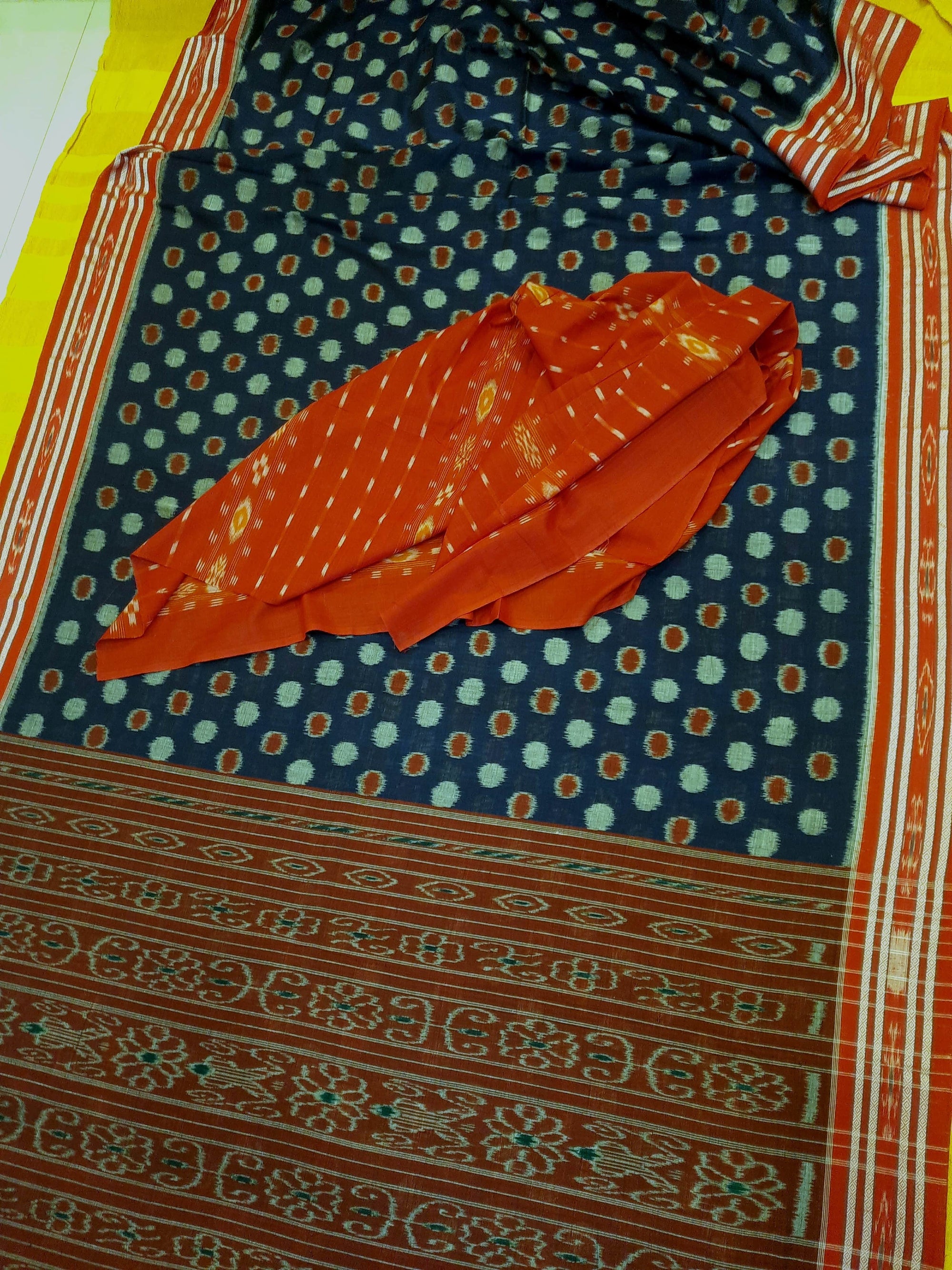 Blue Polka dots Cotton Odisha Ikat saree with mix match cotton ikat blouse piece