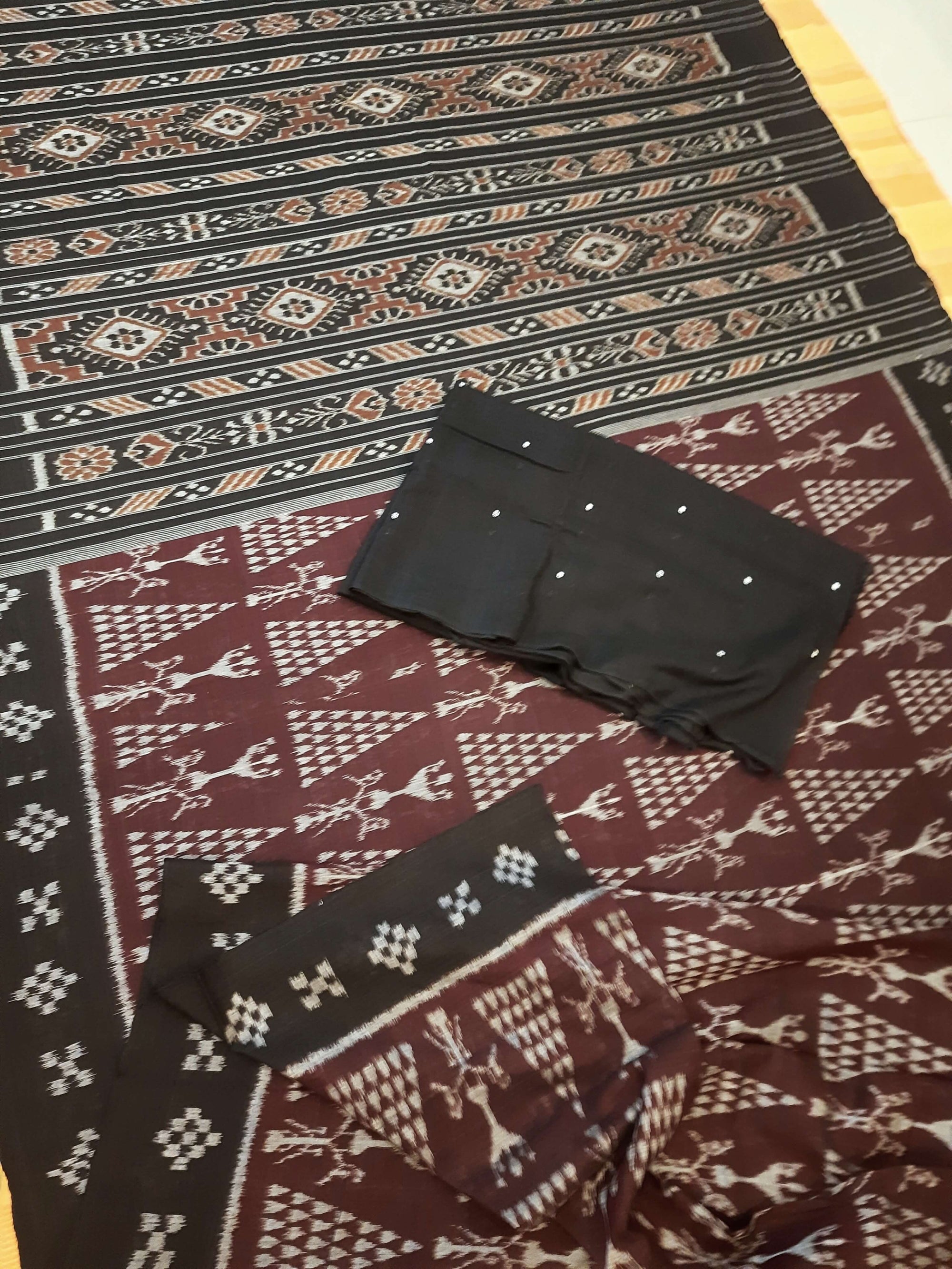 DarkPurple Cotton Odisha Ikat saree with  matching cotton ikat blouse piece