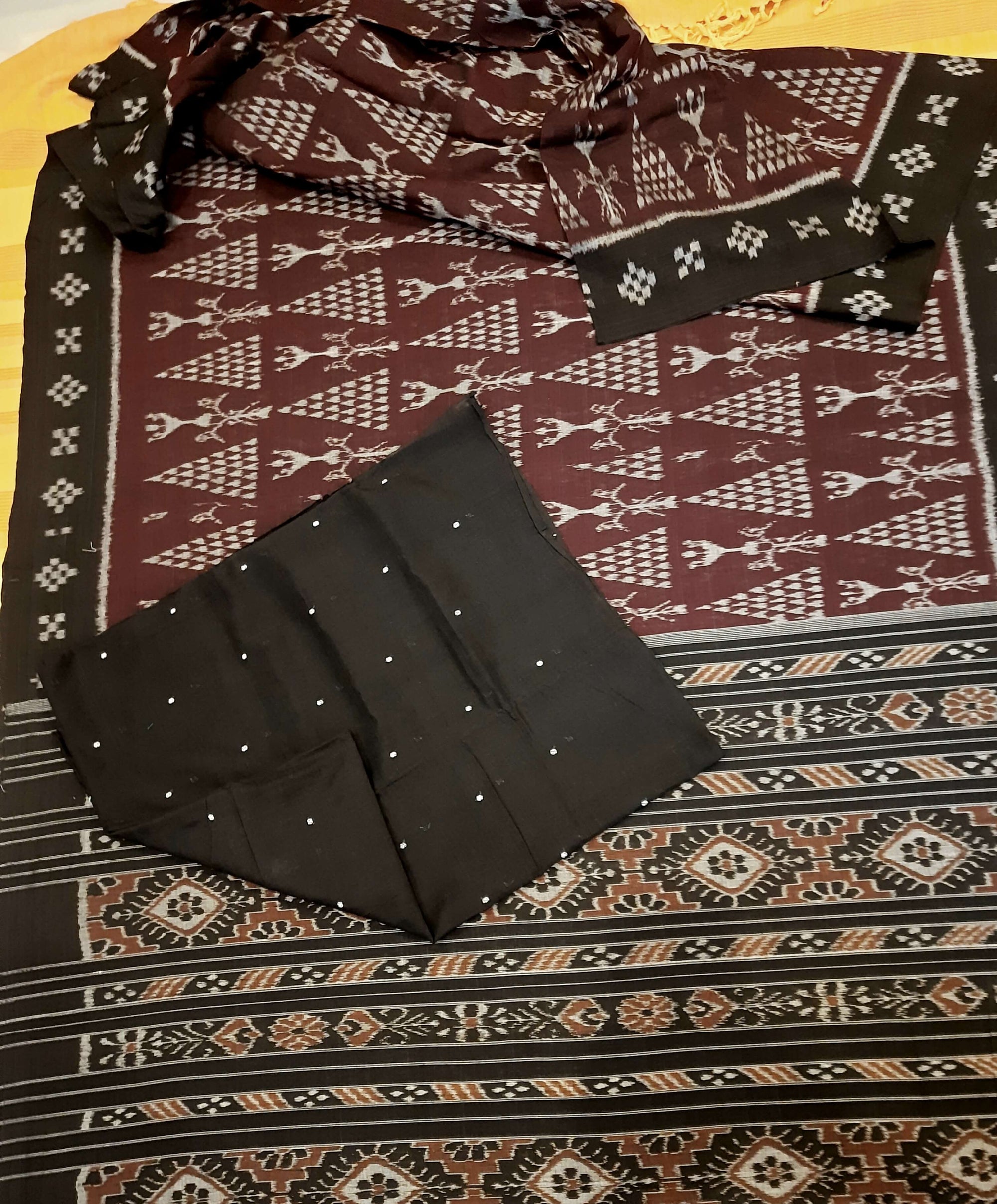 DarkPurple Cotton Odisha Ikat saree with  matching cotton ikat blouse piece