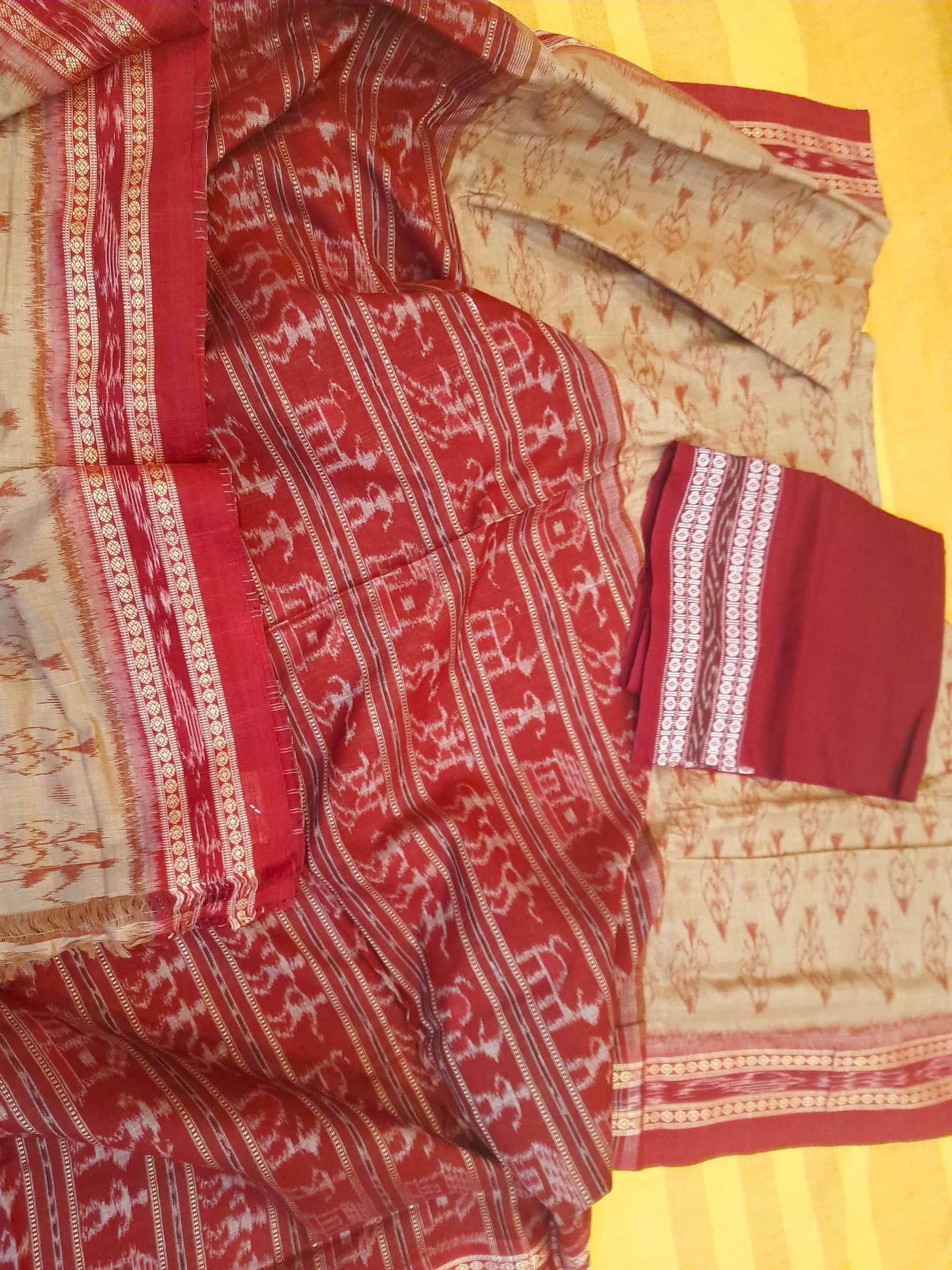 Beige cotton Sambalpuri Saree with mix match cotton ikat blouse piece