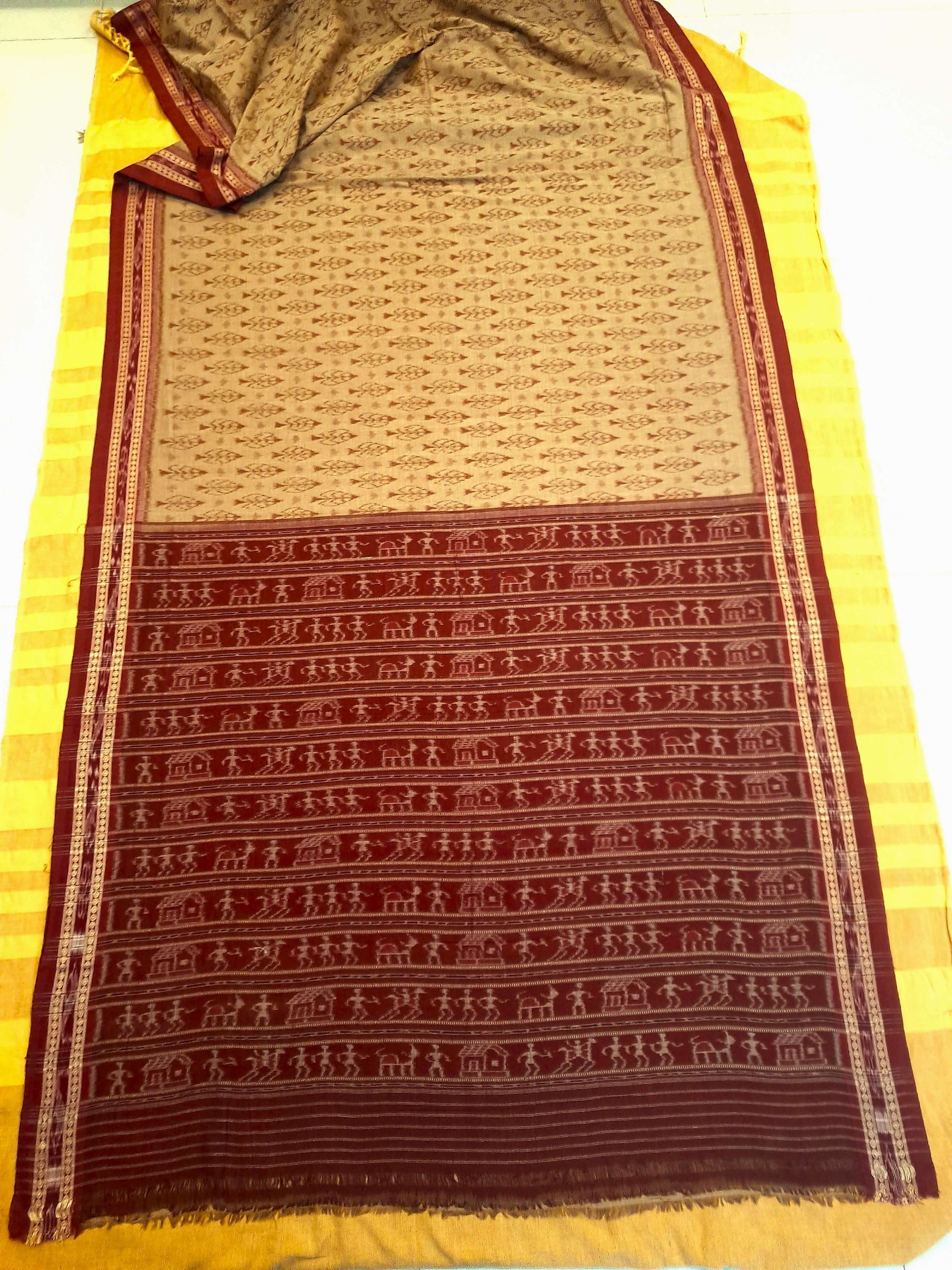 Beige cotton Sambalpuri Saree with mix match cotton ikat blouse piece