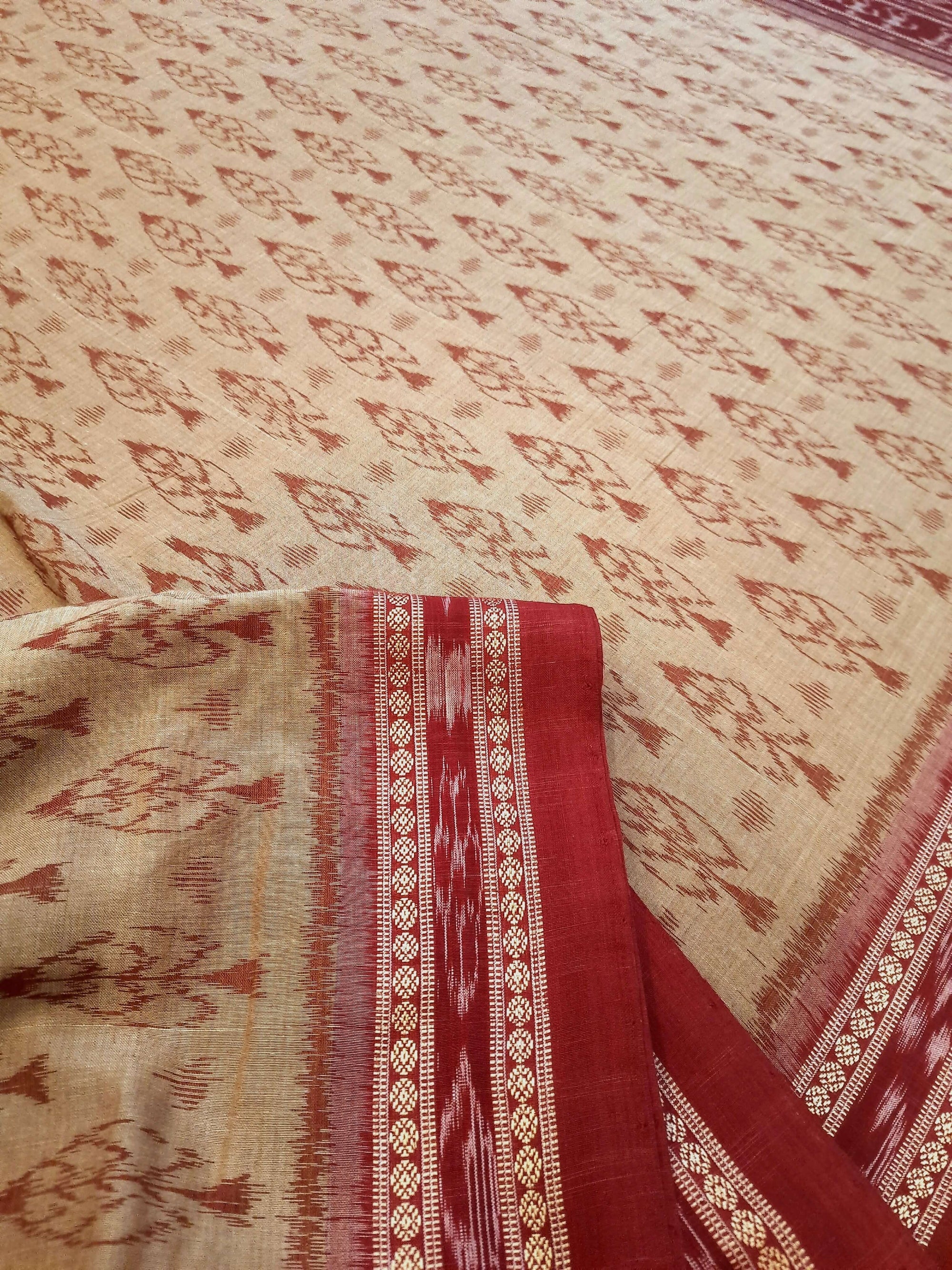Beige cotton Sambalpuri Saree with mix match cotton ikat blouse piece