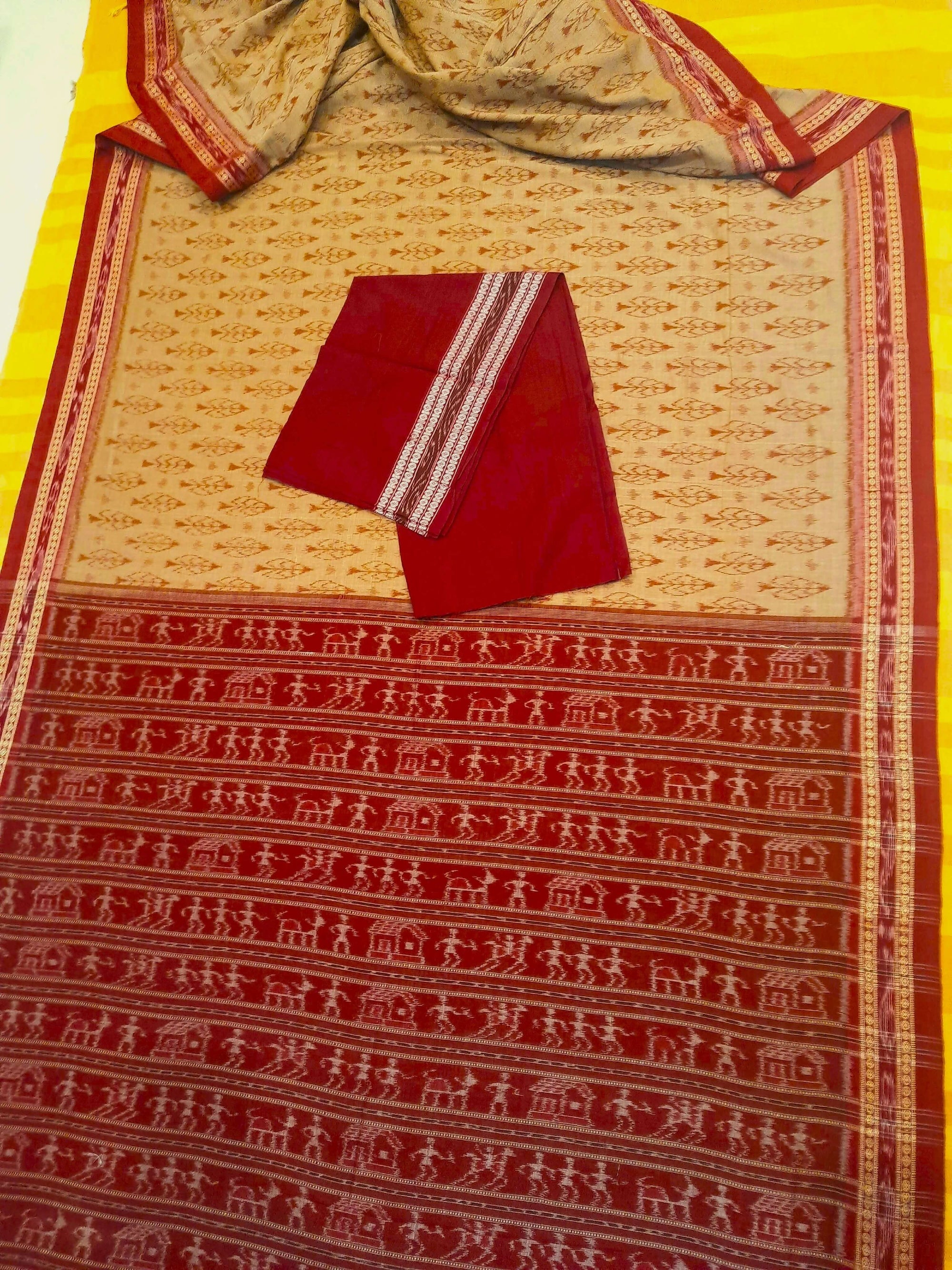 Beige cotton Sambalpuri Saree with mix match cotton ikat blouse piece
