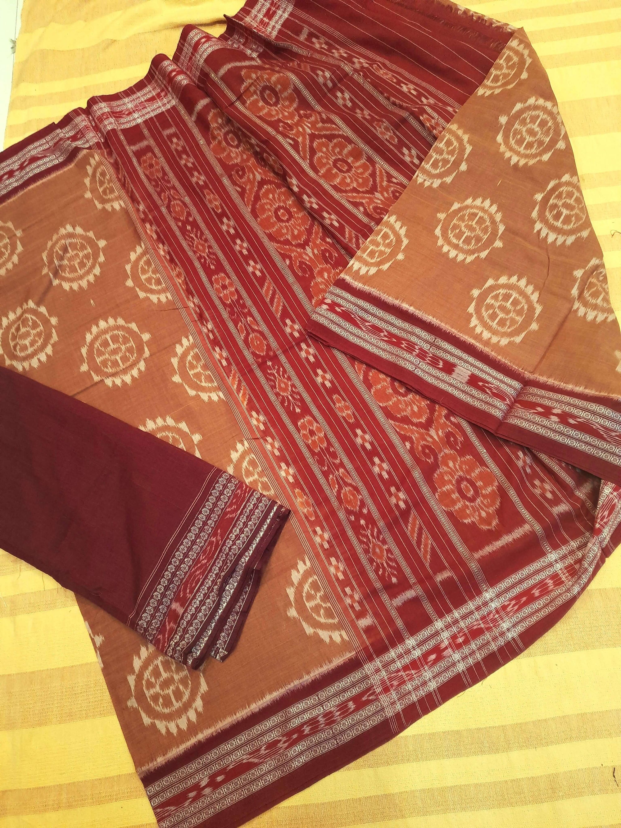 Brown Cotton Odisha Ikat saree with mix match cotton ikat blouse piece