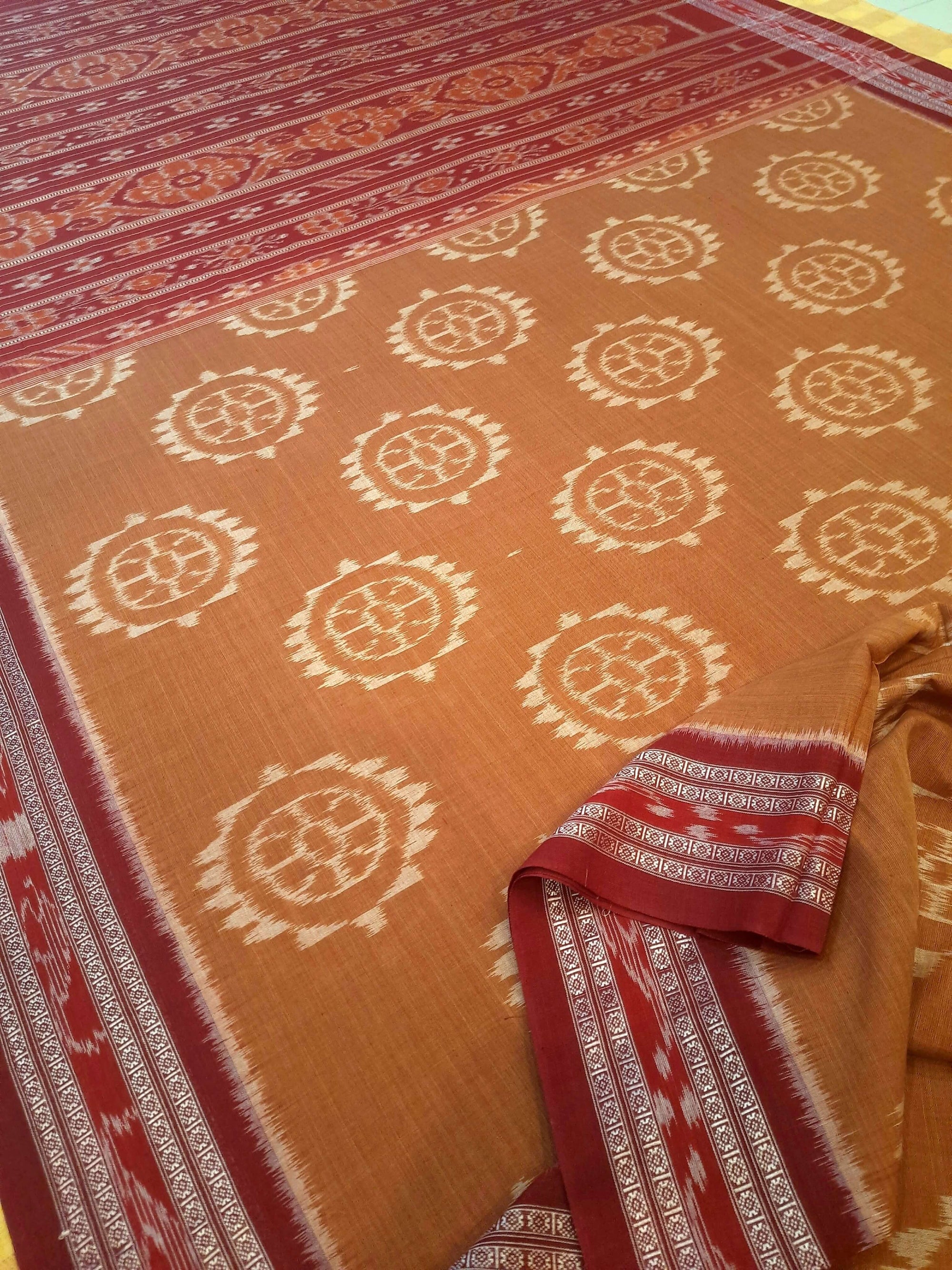 Brown Cotton Odisha Ikat saree with mix match cotton ikat blouse piece