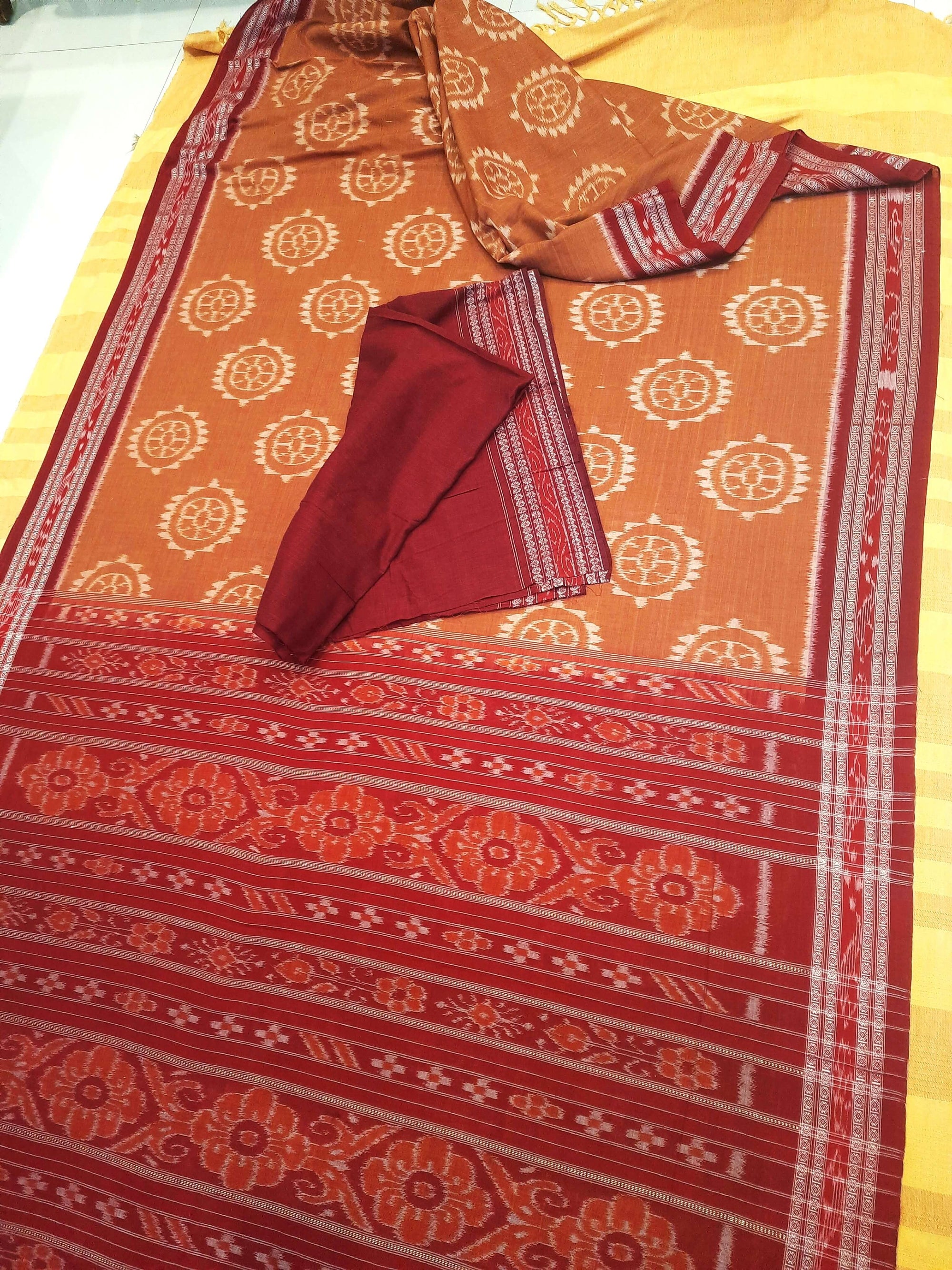 Brown Cotton Odisha Ikat saree with mix match cotton ikat blouse piece