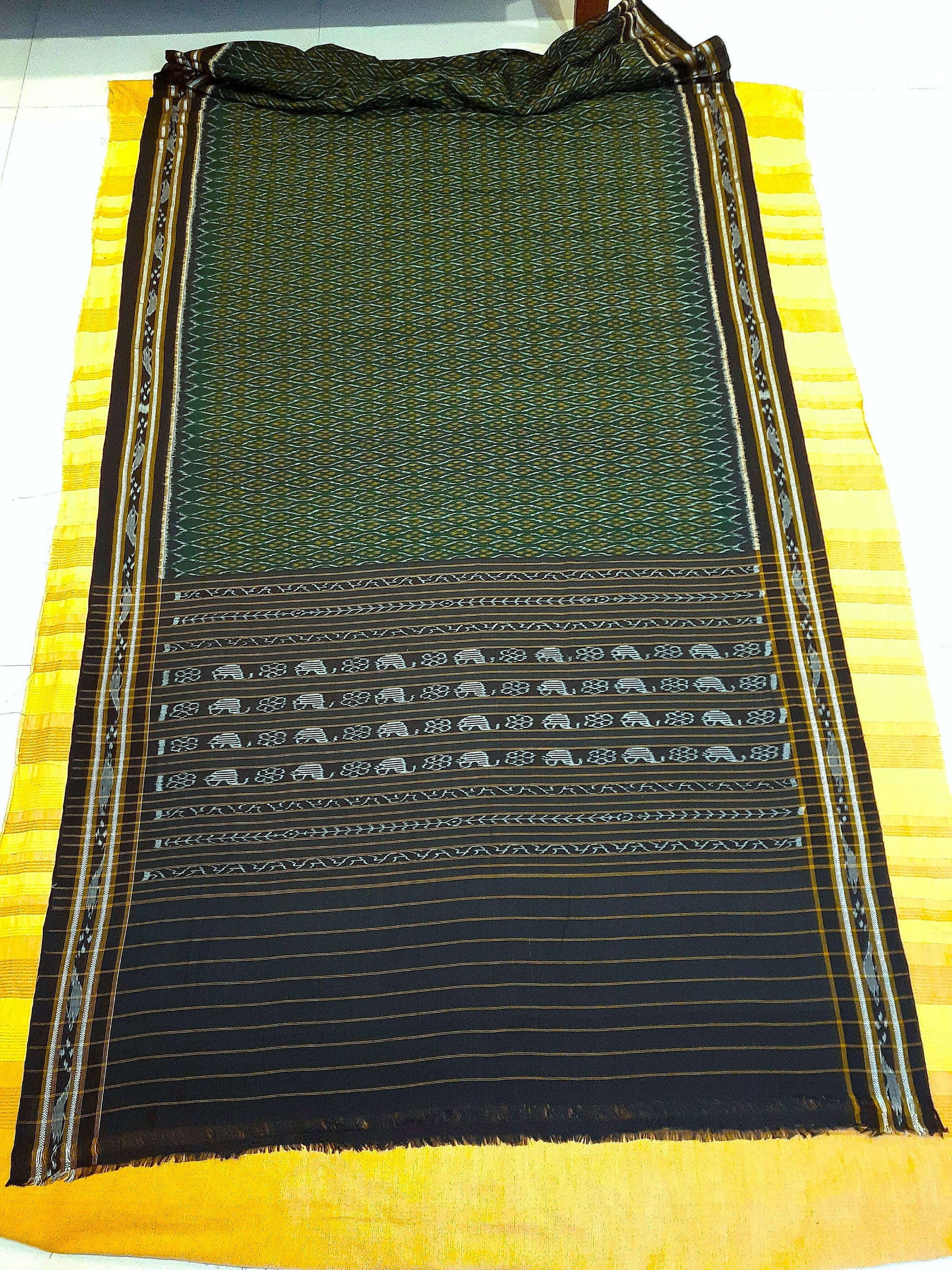 Green Cotton Odisha Ikat saree with mix match cotton ikat blouse piece
