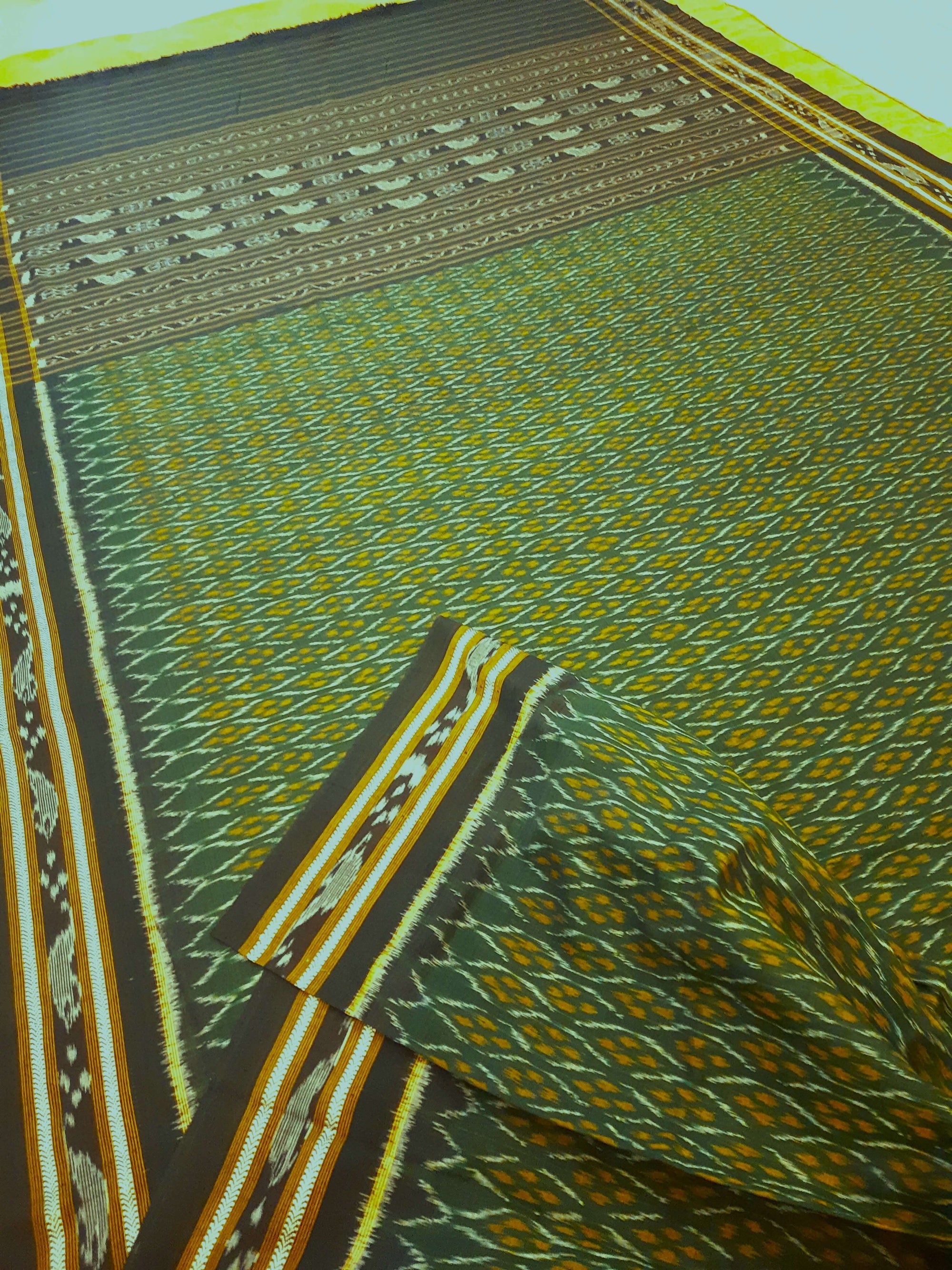 Green Cotton Odisha Ikat saree with mix match cotton ikat blouse piece