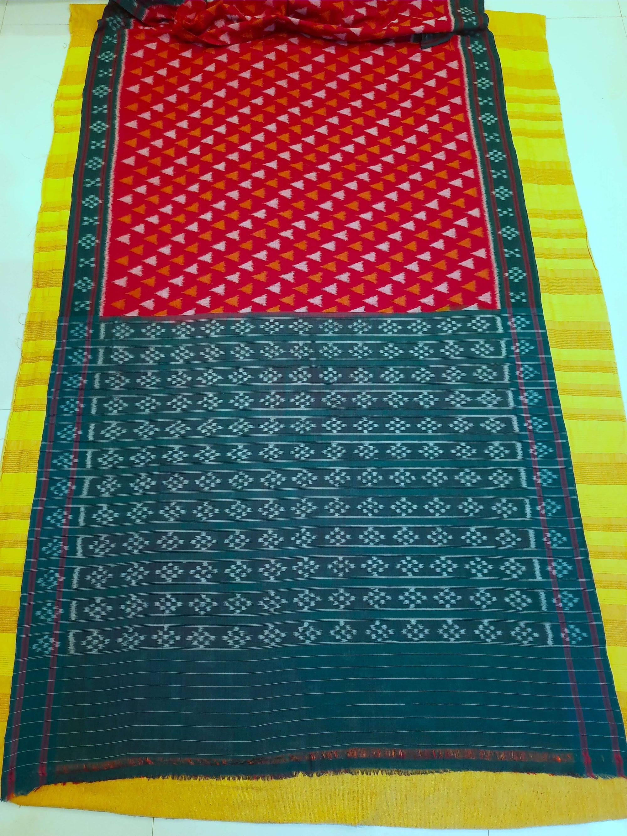 Red with Green  Cotton Odisha Ikat saree with mix match cotton ikat blouse piece