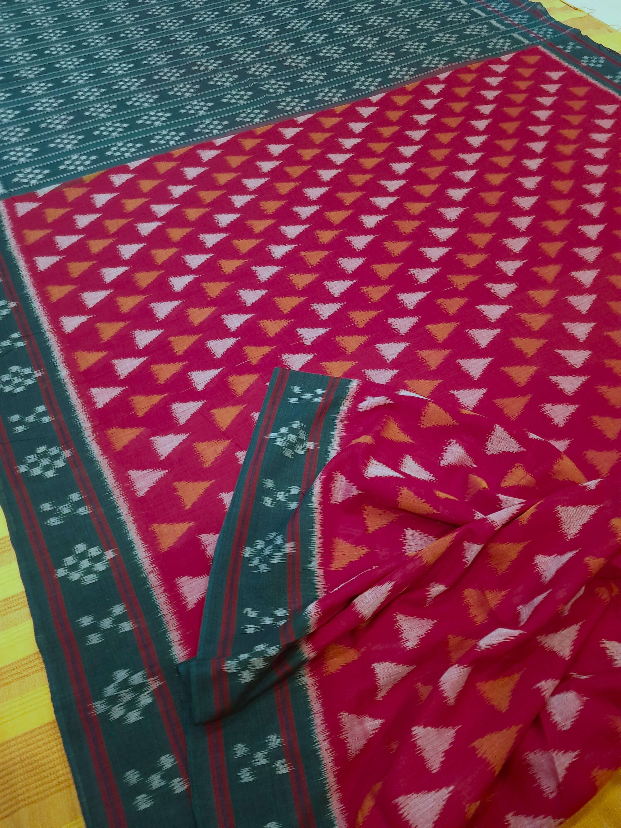 Red with Green  Cotton Odisha Ikat saree with mix match cotton ikat blouse piece