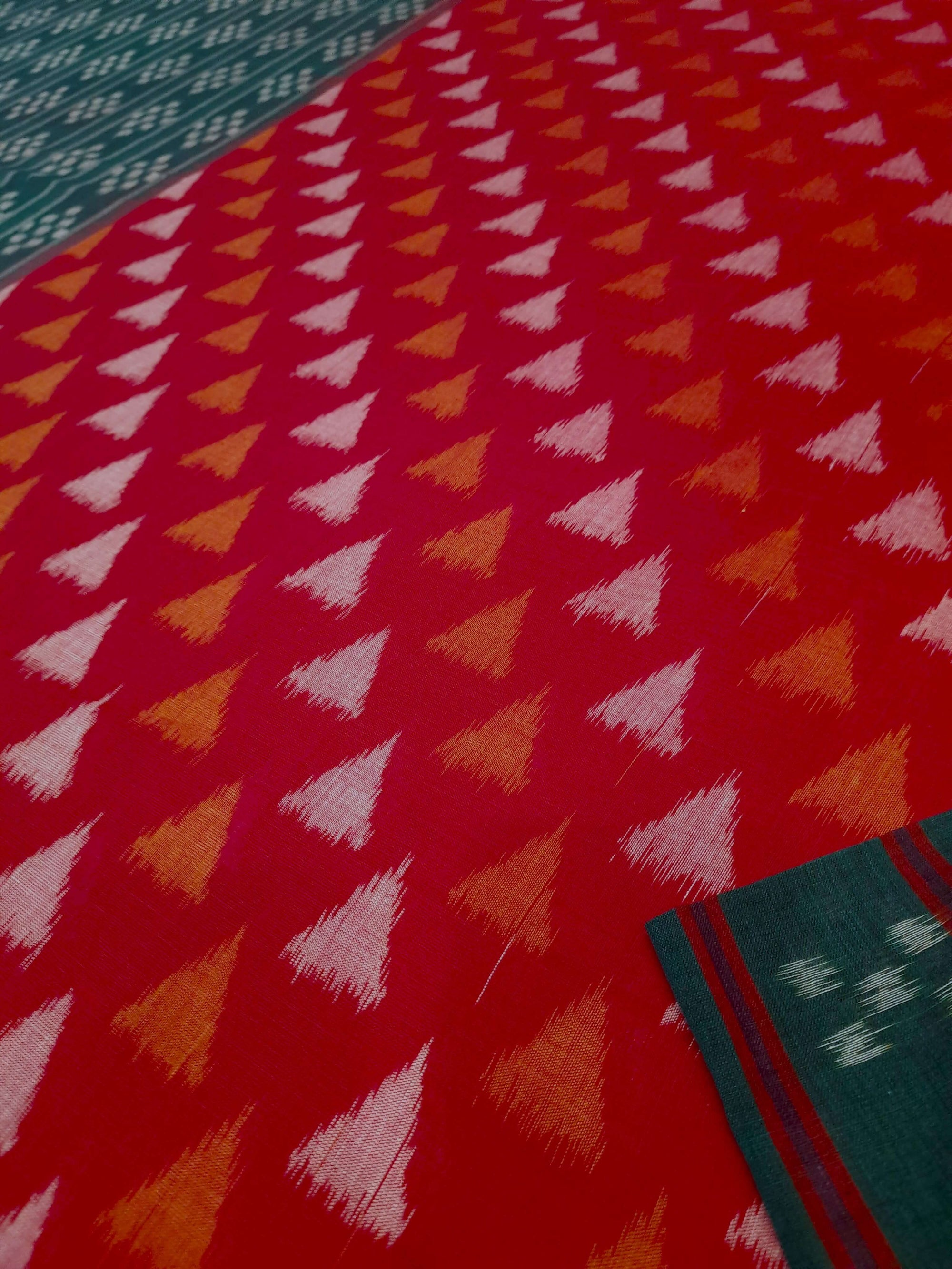 Red with Green  Cotton Odisha Ikat saree with mix match cotton ikat blouse piece