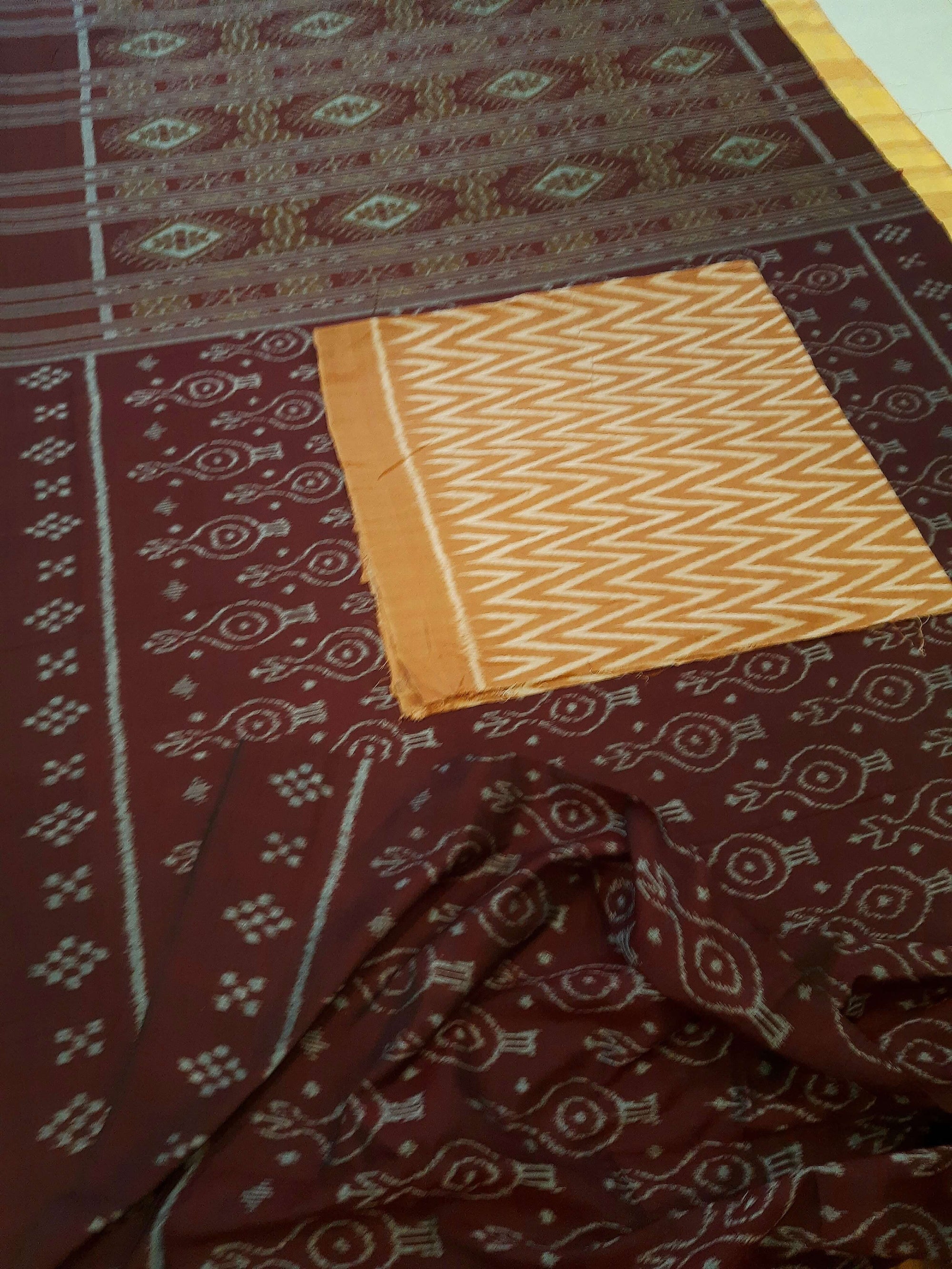 Maroon Cotton Odisha Ikat saree with mix match cotton ikat blouse piece
