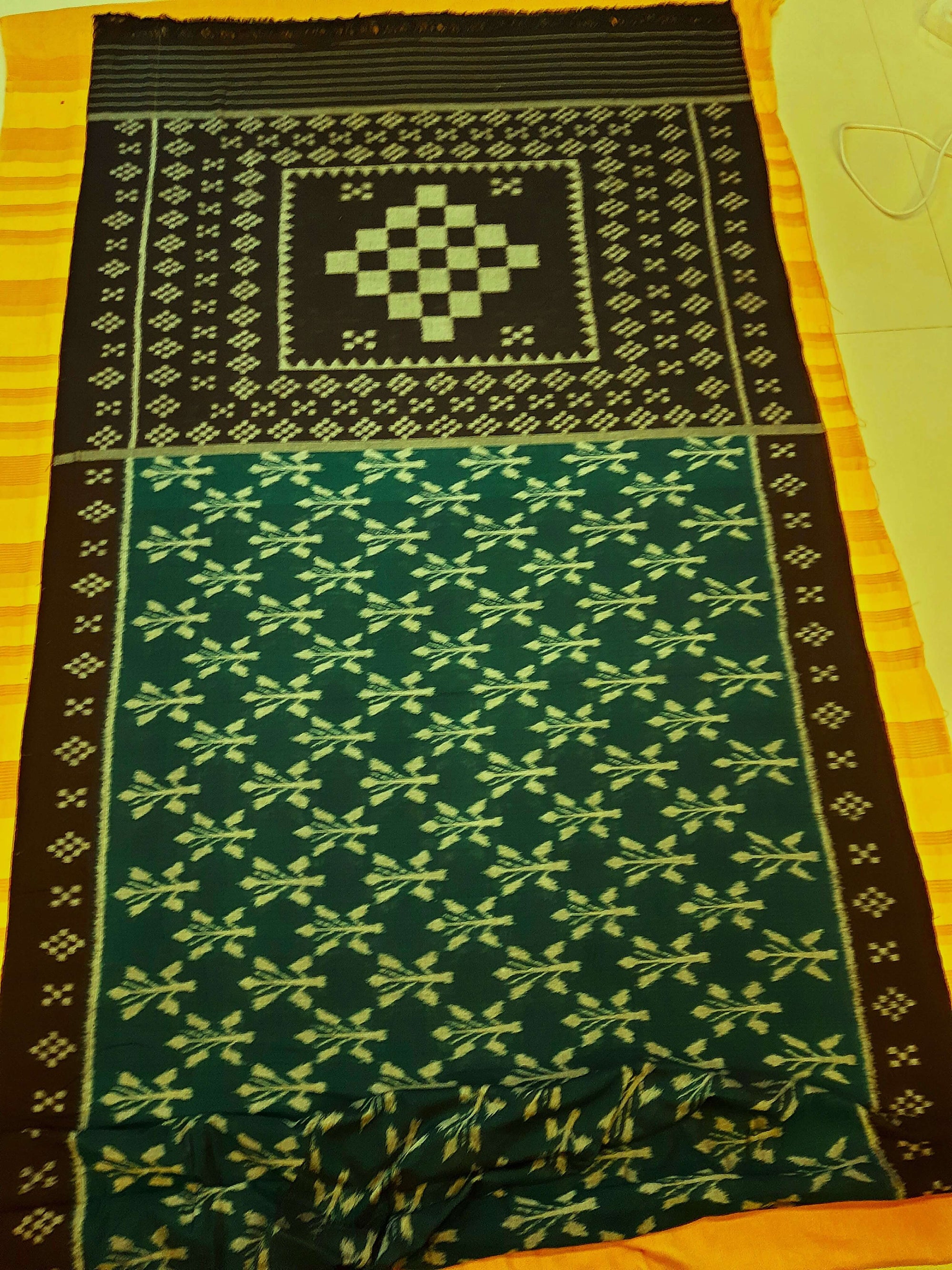 Green Cotton Odisha Ikat saree with mix match cotton ikat blouse piece
