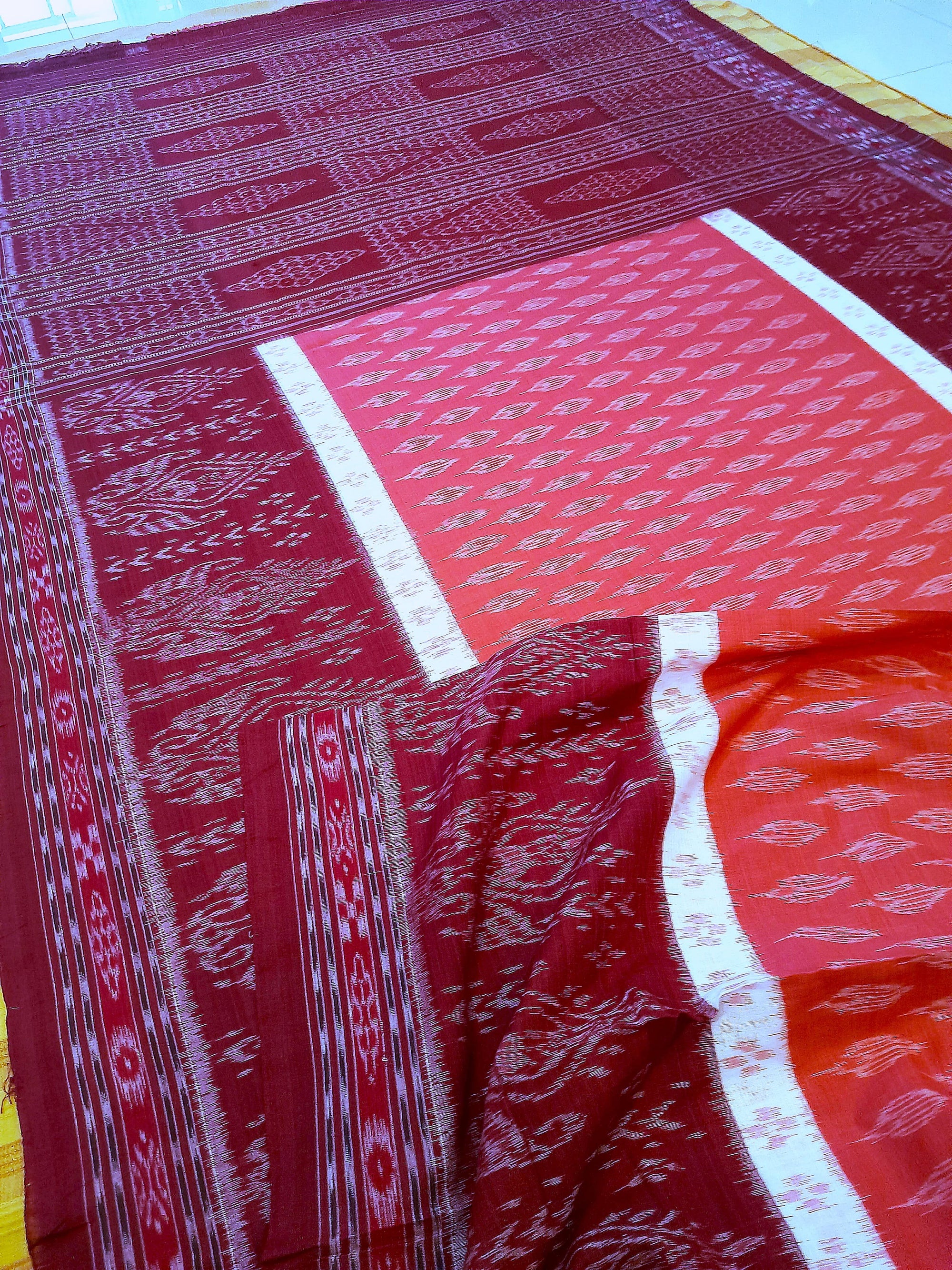Pink with Maroon Cotton Odisha Ikat saree with mix match cotton ikat blouse piece