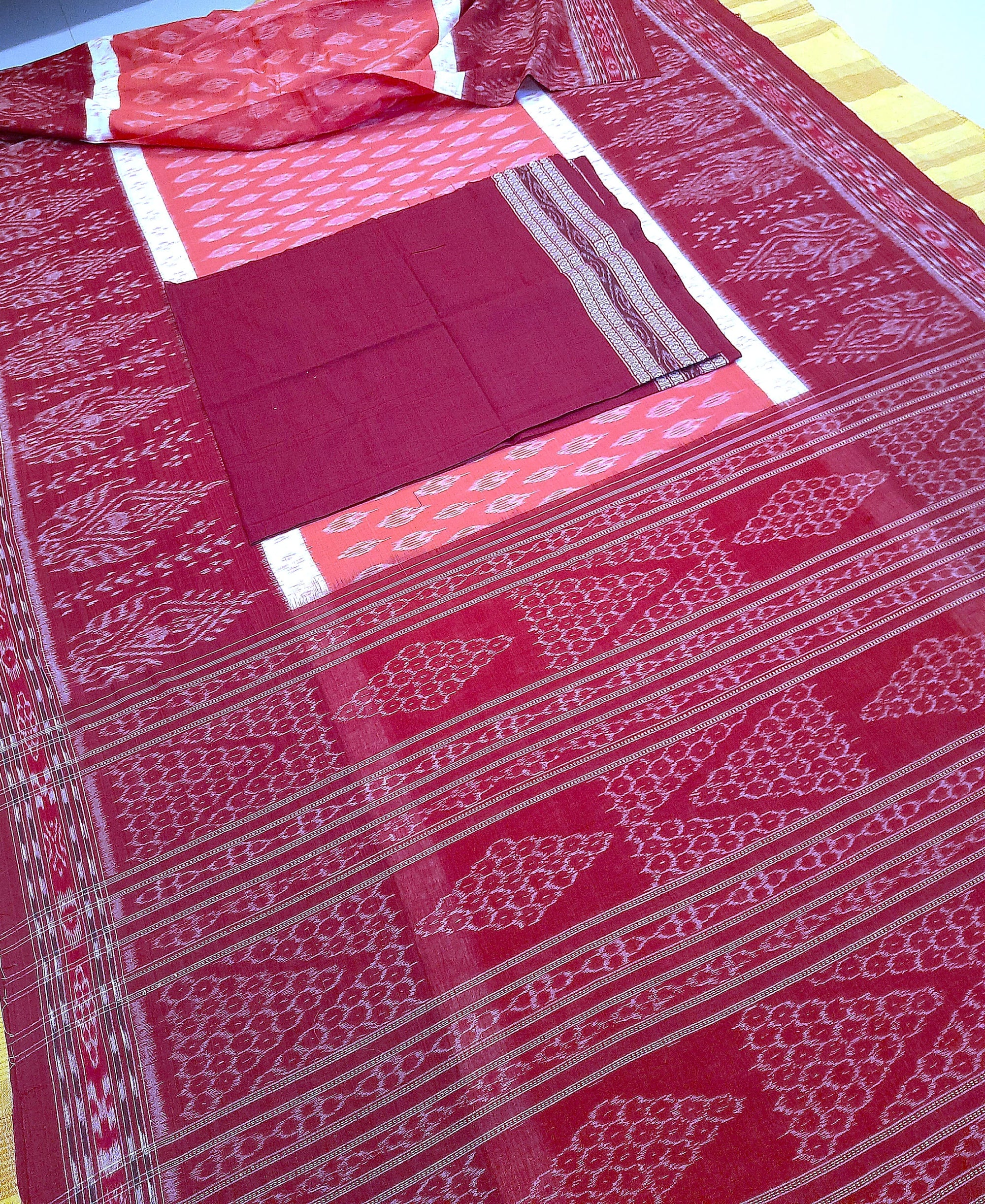 Pink with Maroon Cotton Odisha Ikat saree with mix match cotton ikat blouse piece