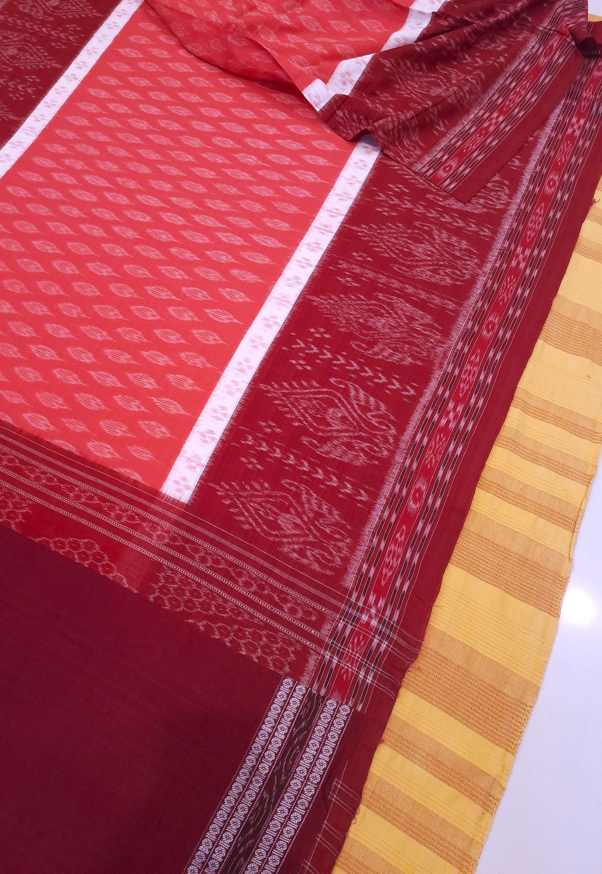 Pink with Maroon Cotton Odisha Ikat saree with mix match cotton ikat blouse piece